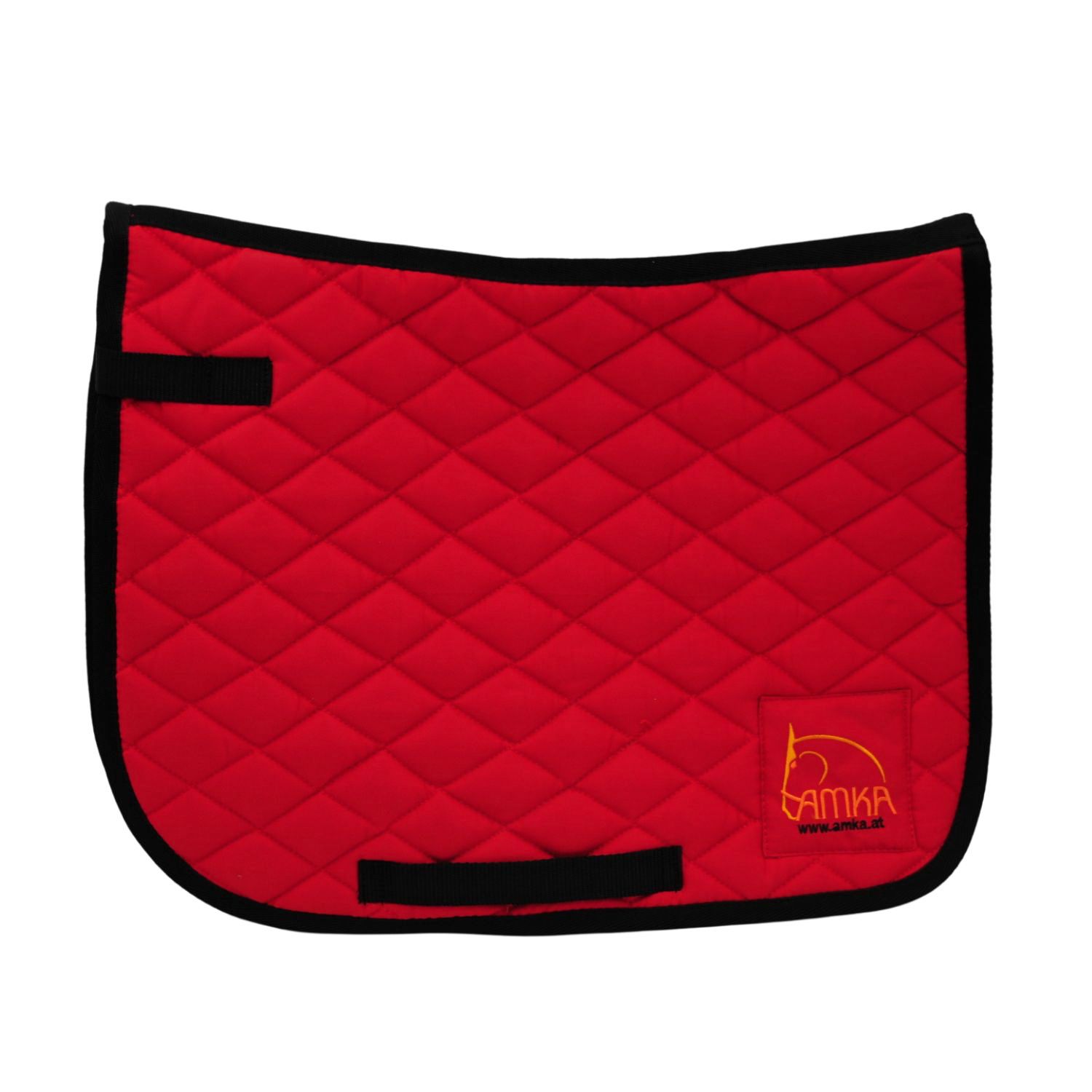 Rote Satteldecke mit Karomuster. Schwarze Klettverschlüsse und Rand. AMKA Logo.
