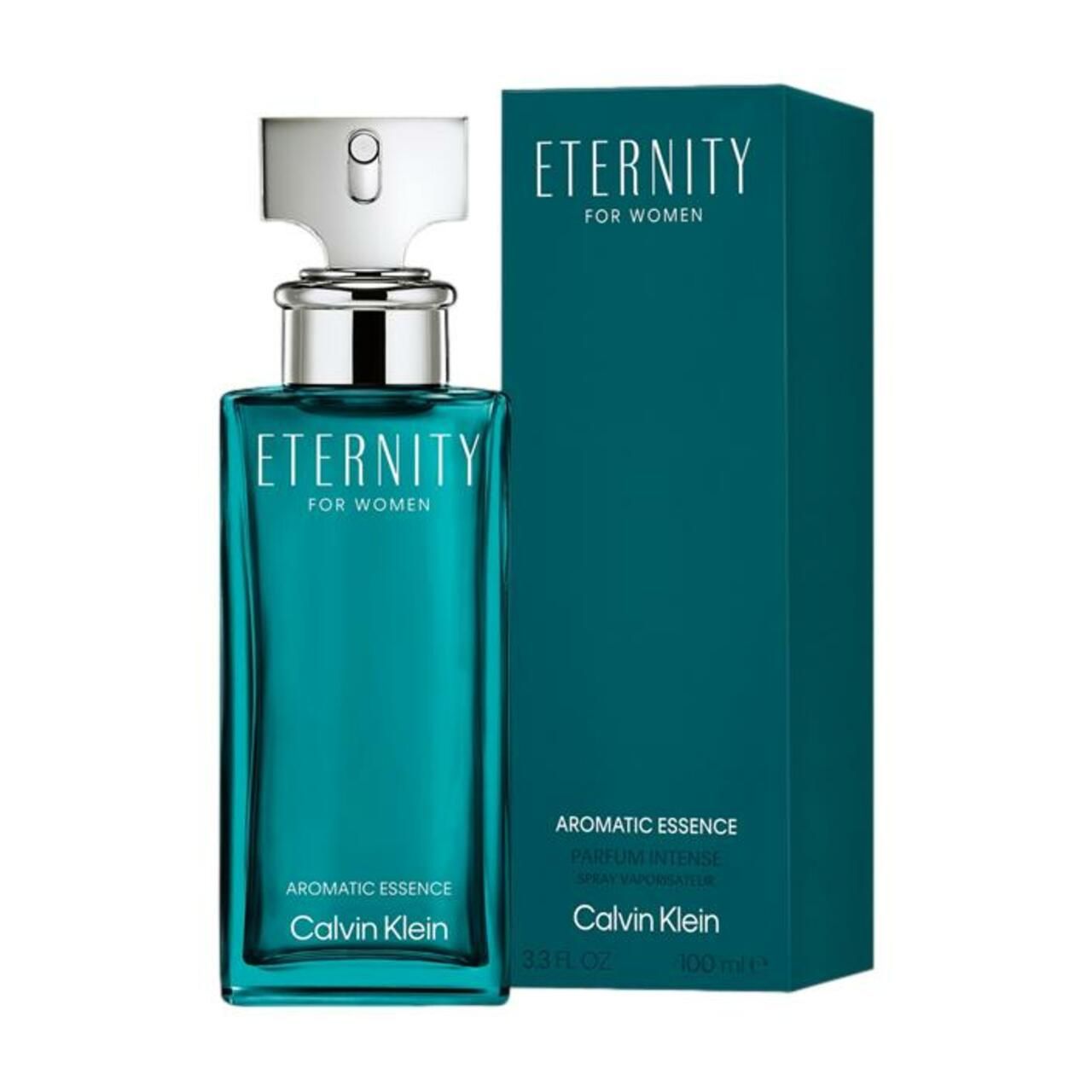 Türkisgrüner Flakon und Schachtel. Aufschrift: Eternity for Women, Aromatic Essence, Calvin Klein. Silberner Verschluss.