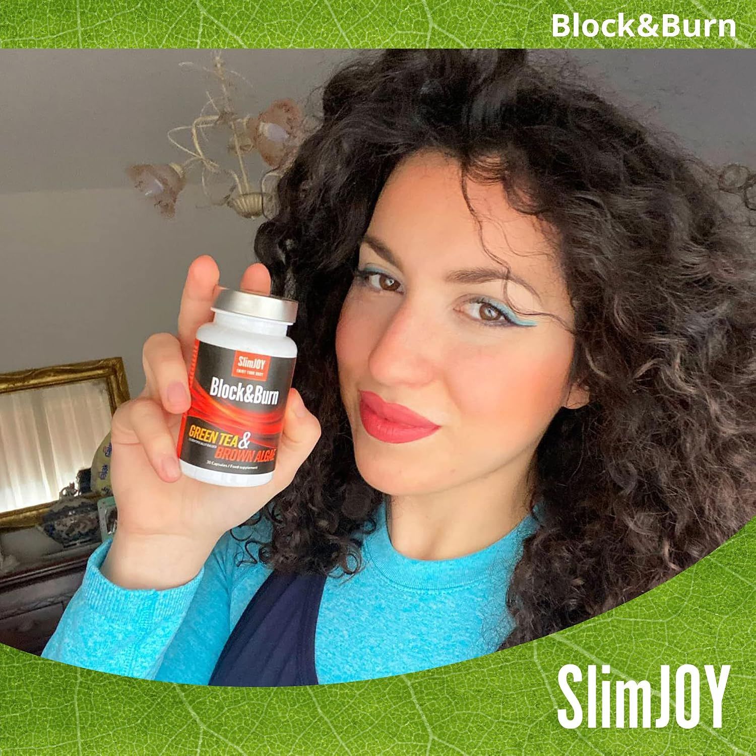 Frau hält eine Flasche SlimJOY Block&Burn, die grünen Tee und schwarzen Pfeffer enthält.