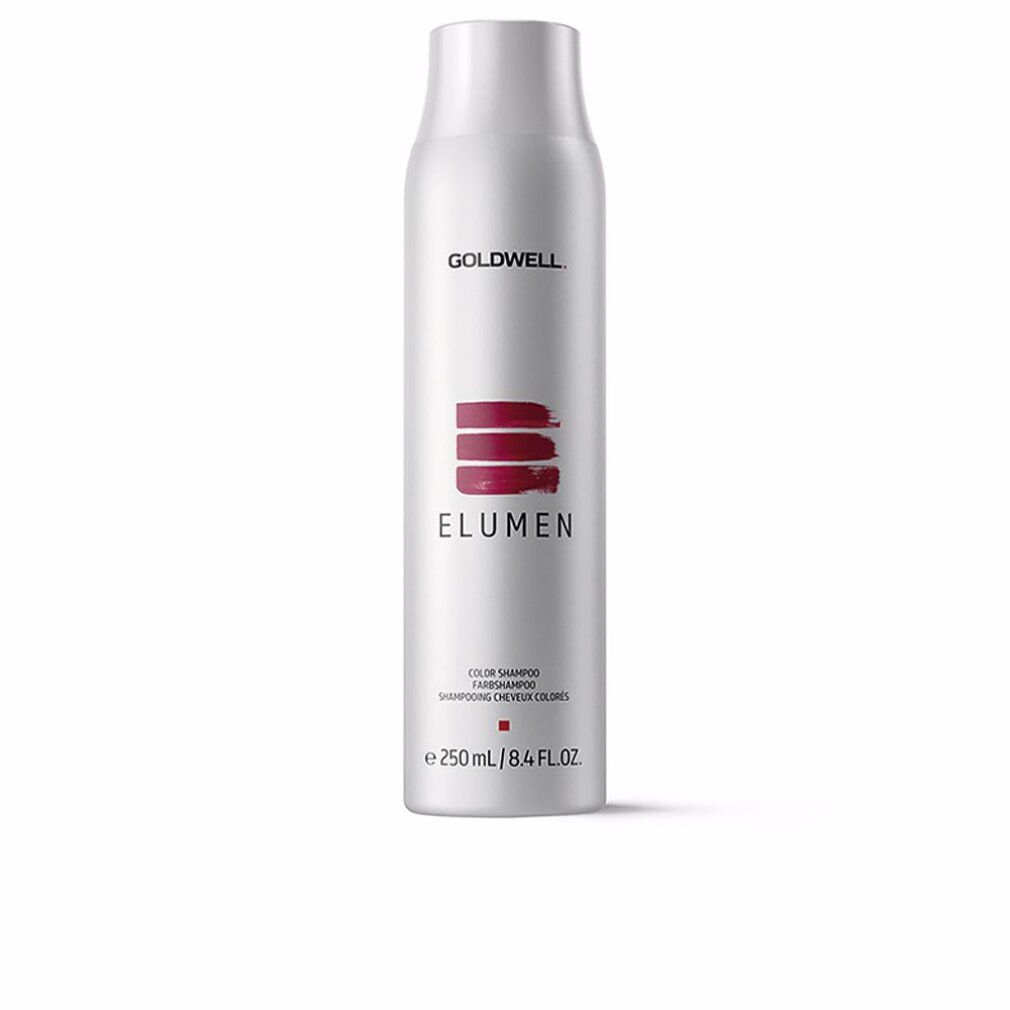 Flasche mit weißem Shampoo. Aufschrift: Goldwell, Elumen. Rote horizontale Streifen. Text: Color Shampoo, 250 ml.
