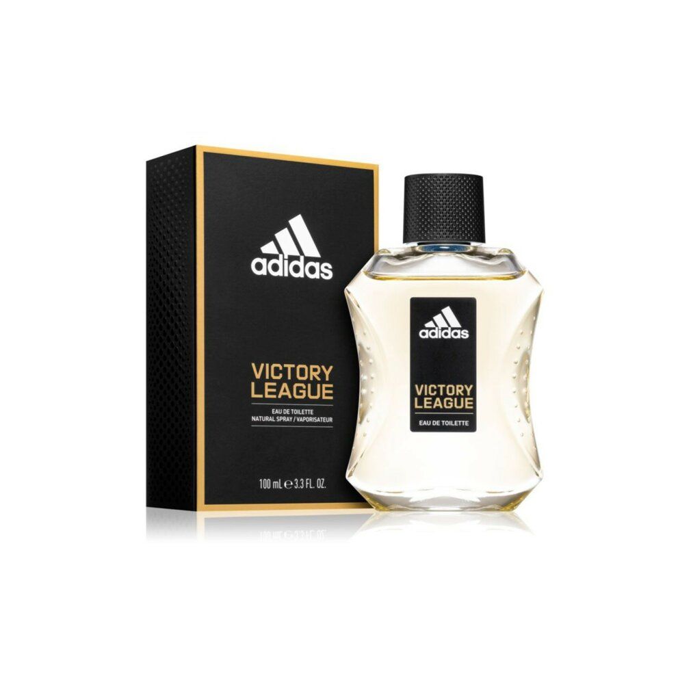 Flakon und Schachtel von Adidas Victory League. Schwarze Schachtel mit goldenen Akzenten. Flakon mit schwarzem Verschluss.