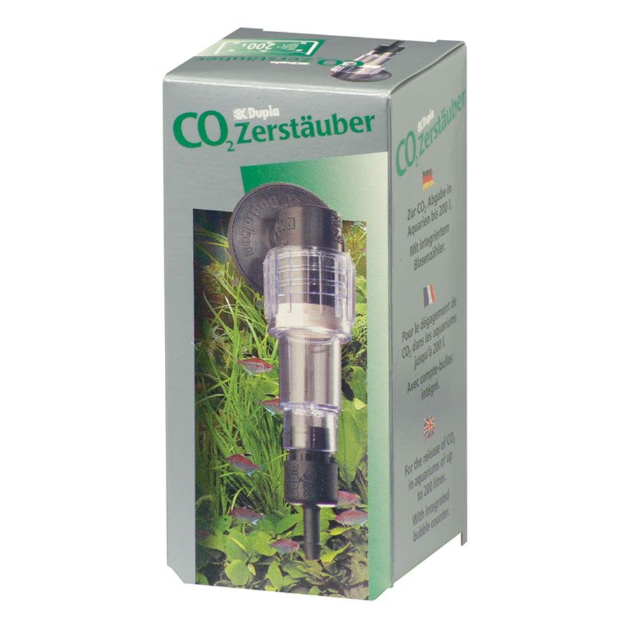 Verpackung mit CO2-Zerstäuber. Klarer Kunststoffkörper, schwarze Elemente. Text: Dupla CO2-Zerstäuber, Angaben in Deutsch, Französisch, Italienisch, Englisch.