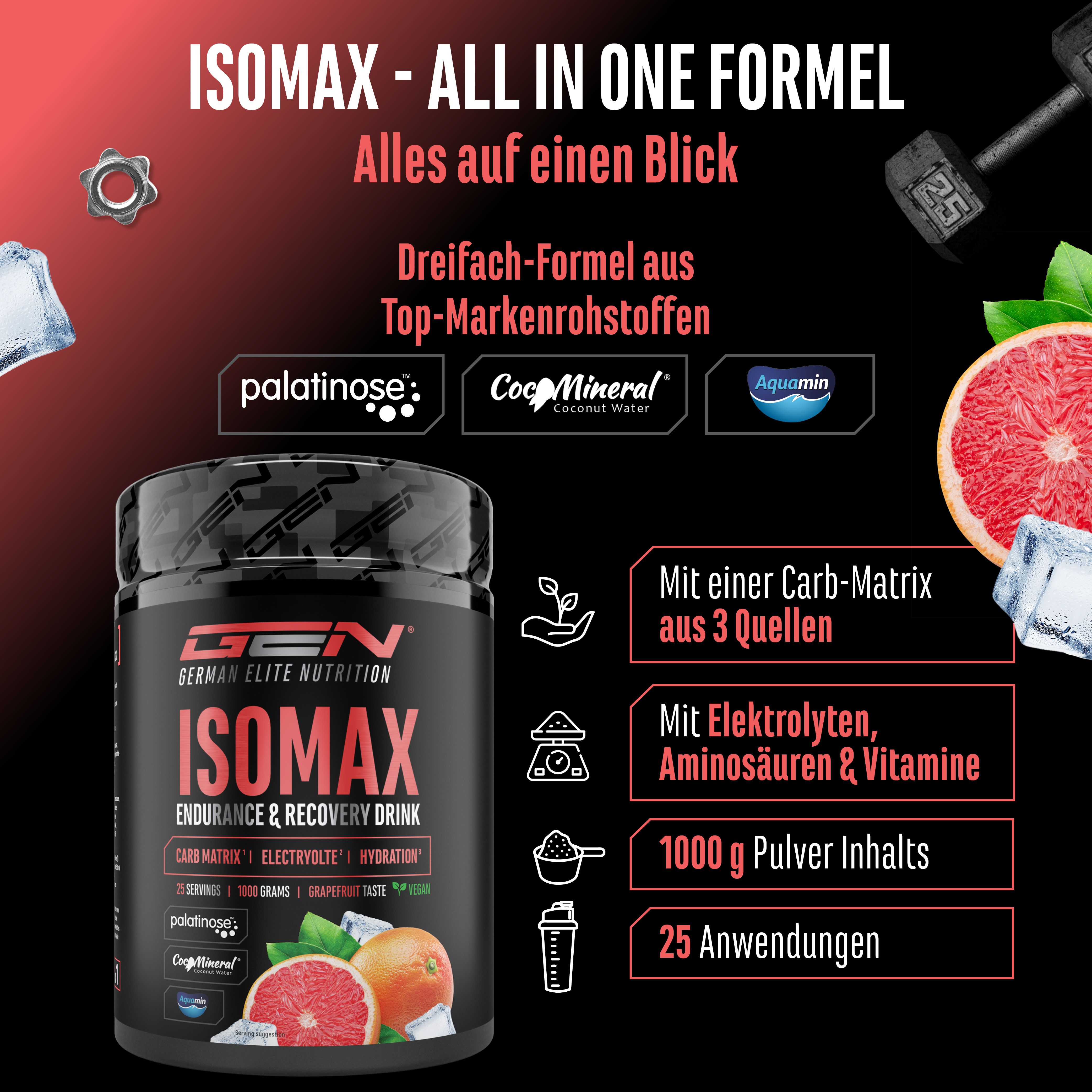Werbefläche mit Dose, Grapefruit, Eiswürfeln und Logos. Text: ISOMAX, Dreifach-Formel, Carb-Matrix, Elektrolyte, 1000 g, 25 Anwendungen.