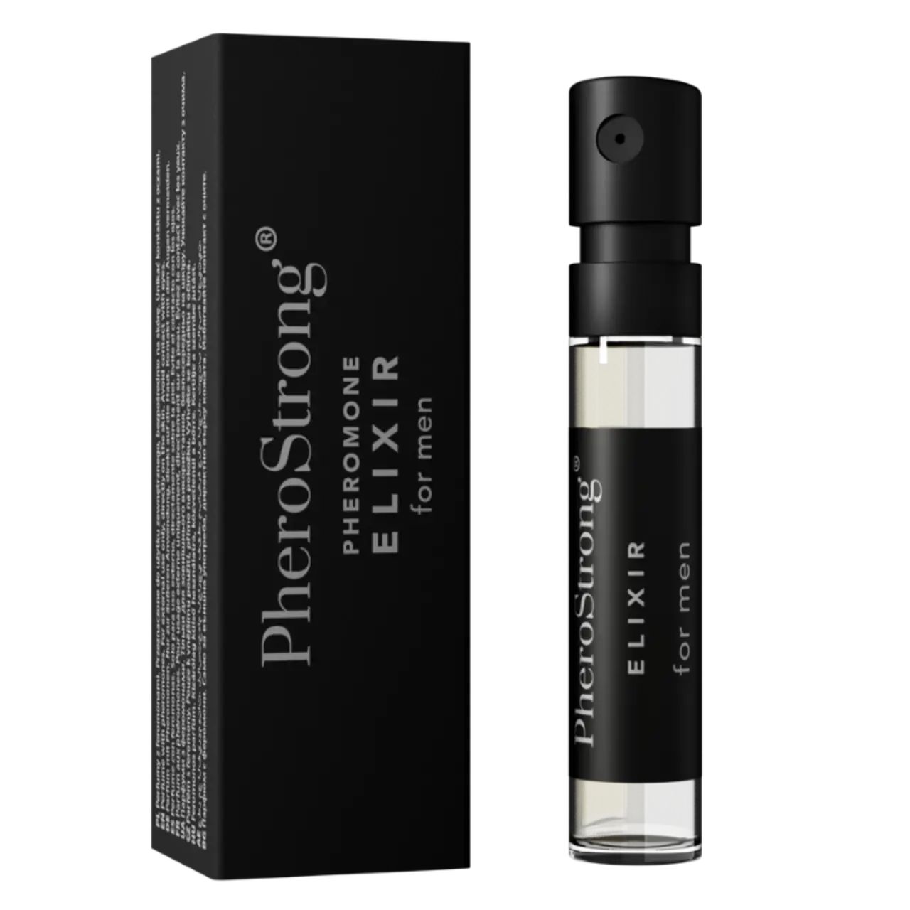 Elixier-Flakon und Verpackung. Flakon mit schwarzem Deckel und Etikett. Verpackung schwarz mit Text. Aufschrift: PheroStrong ELIXIR for men.