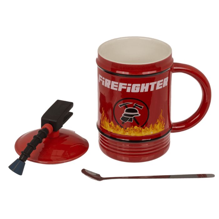 Roter Becher im Feuerlöscher-Design mit Henkel, Deckel und Löffel. Aufschrift "Firefighter".