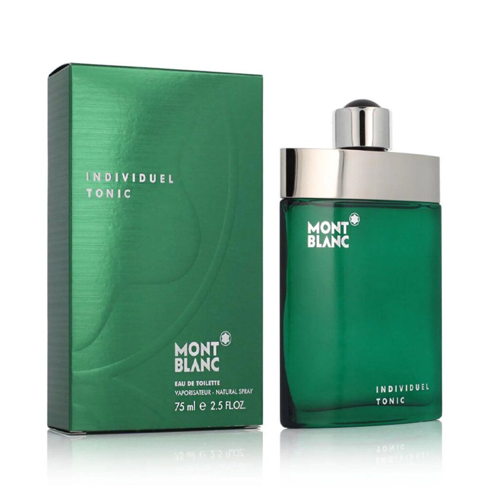 Grüne Flasche und Verpackung. Aufschrift: Mont Blanc, Individuel Tonic. Eau de Toilette Spray. 75 ml.