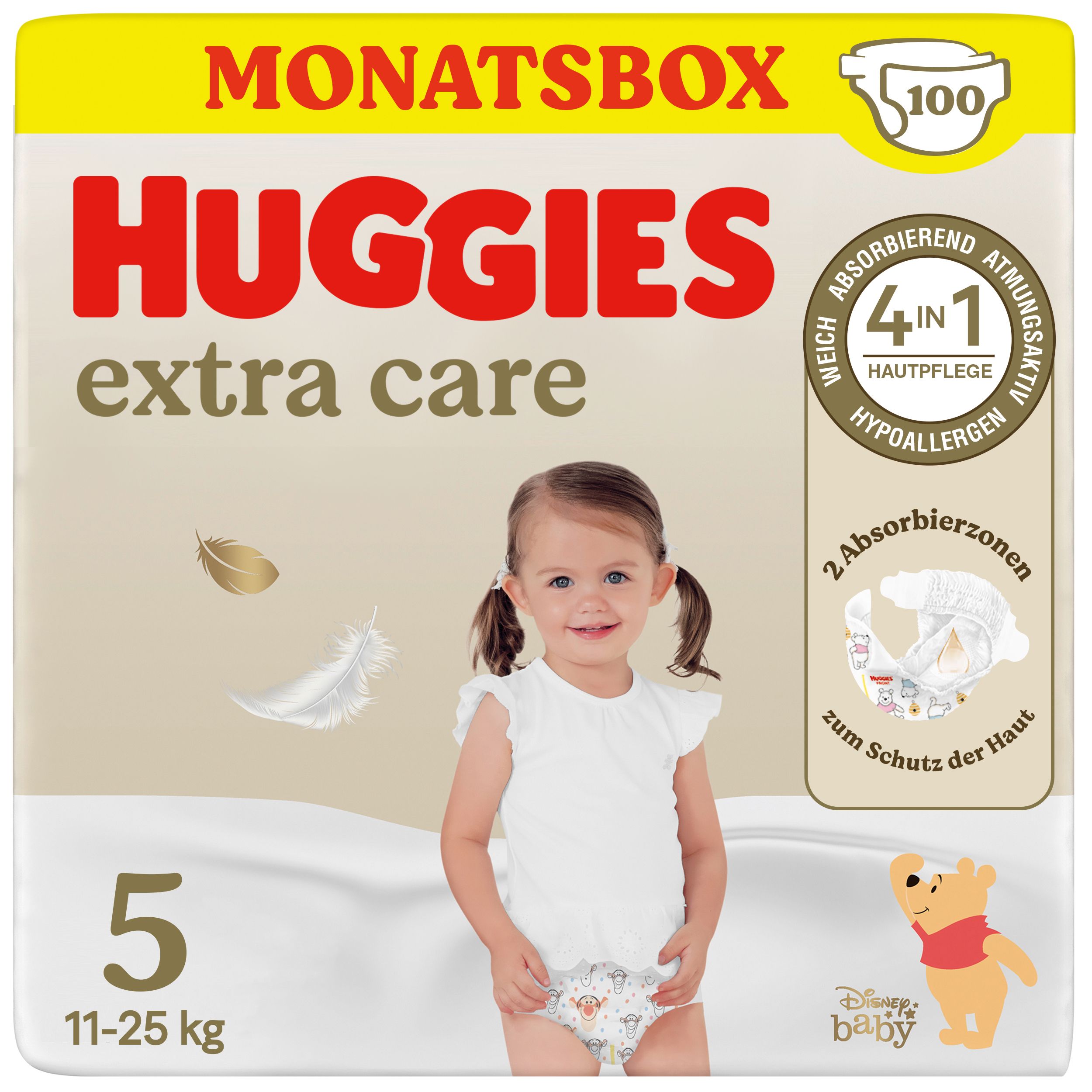 Windelpackung mit Huggies Extra Care, Größe 5. Enthält 100 Windeln. Aufdruck mit Winnie Puuh. Angaben zu Gewicht und Saugfähigkeit.