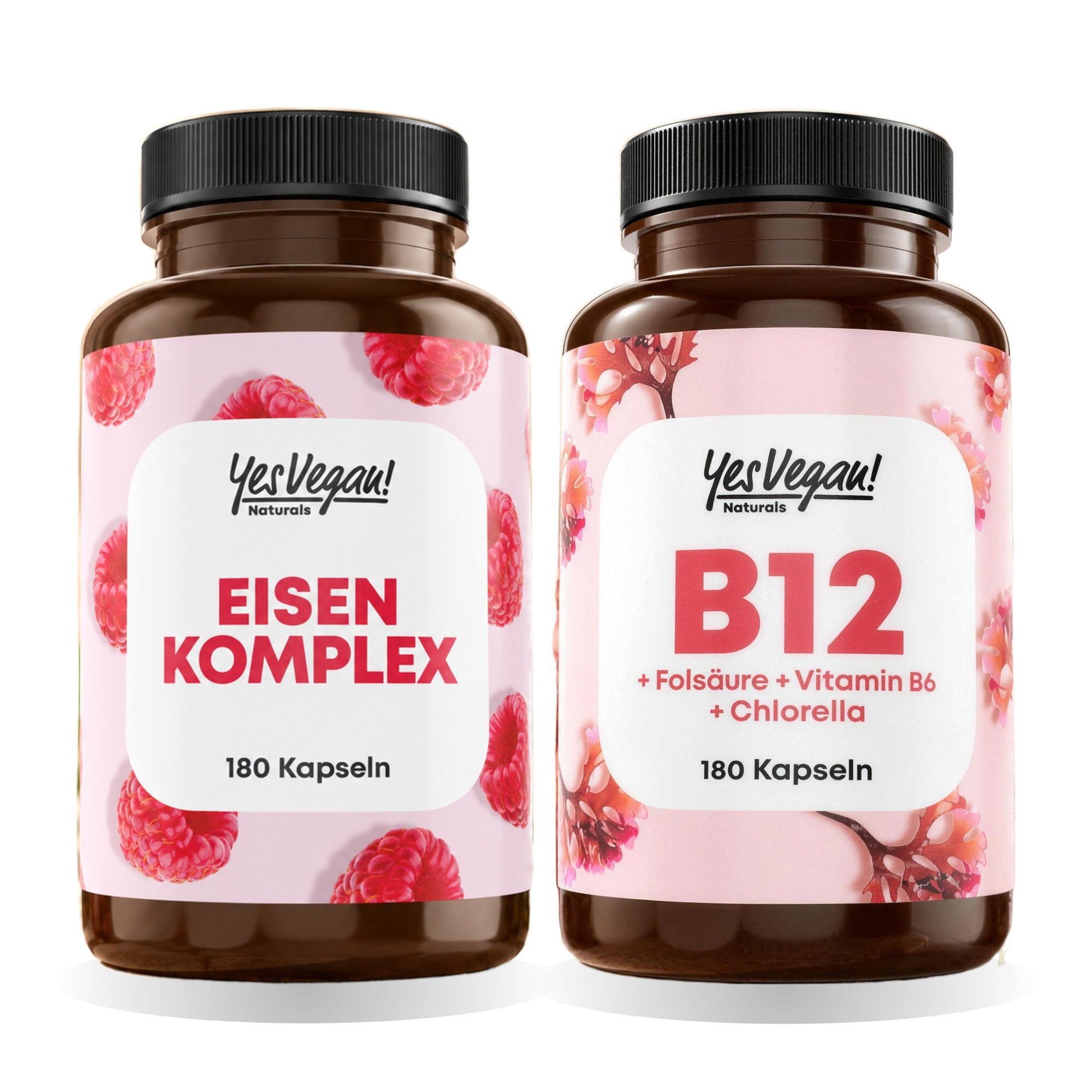 Zwei Flaschen Nahrungsergänzungsmittel: Eisen Komplex (180 Kapseln) und B12 mit Chlorella (180 Kapseln).