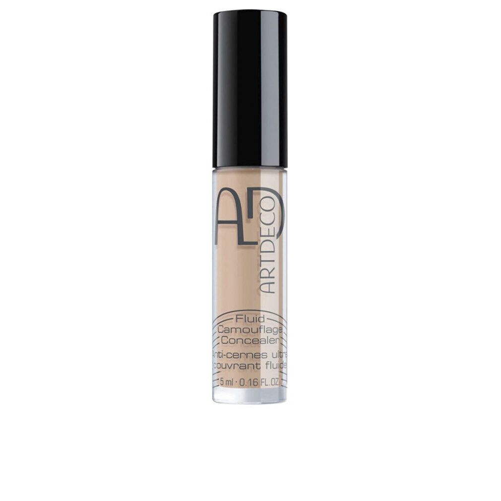 Artdeco Concealer Fluid. Flasche mit schwarzem Deckel. Aufschrift: Fluid Camouflage Concealer. Farbe: Peach Medium.