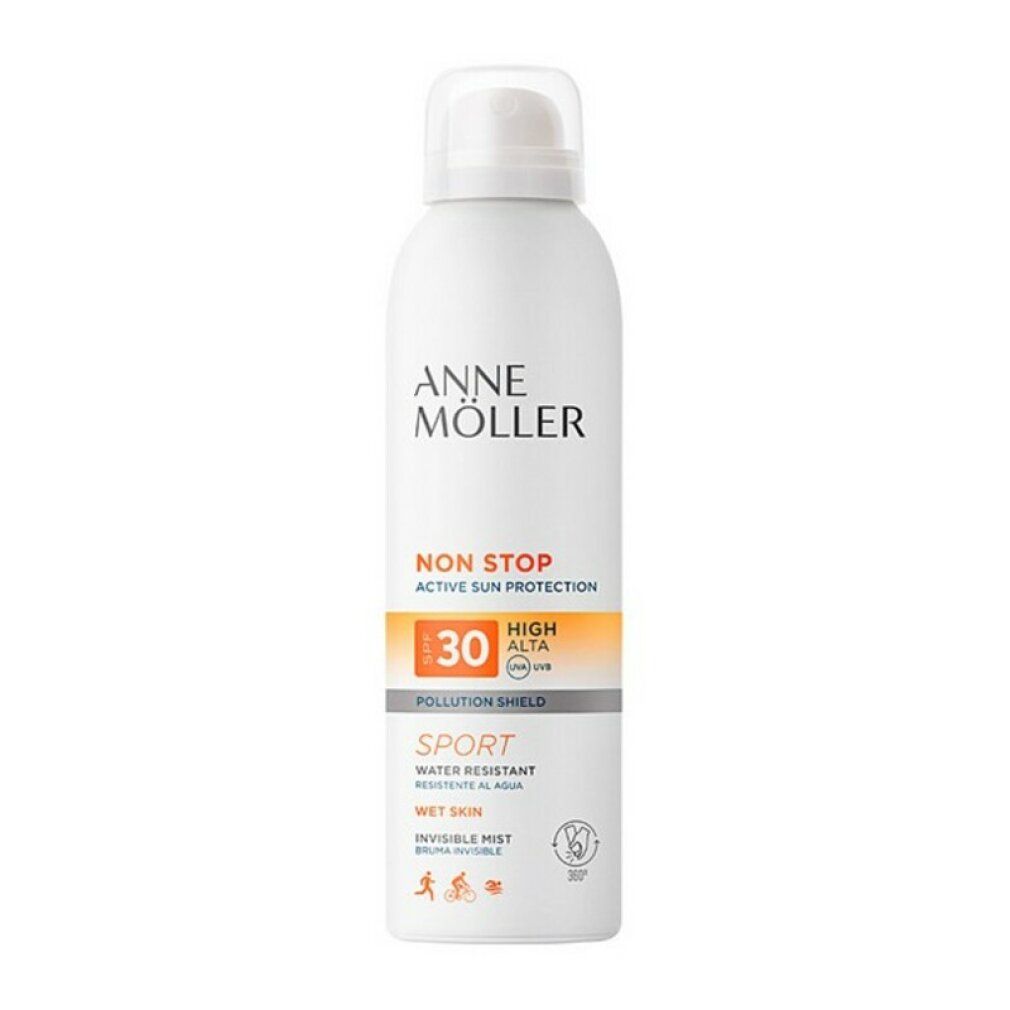 Weiße Sprühflasche mit Anne Möller-Logo. Text: Non Stop, SPF 30, Sport, Water Resistant, Invisible Mist. Mit Sport-Symbolen.