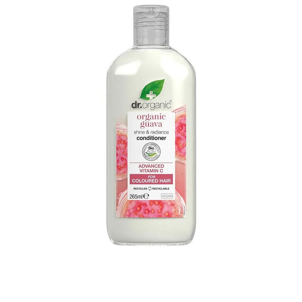 Flasche Dr. Organic Guava Conditioner für coloriertes Haar. Mit Vitamin C. Recycelbar. Vegan.