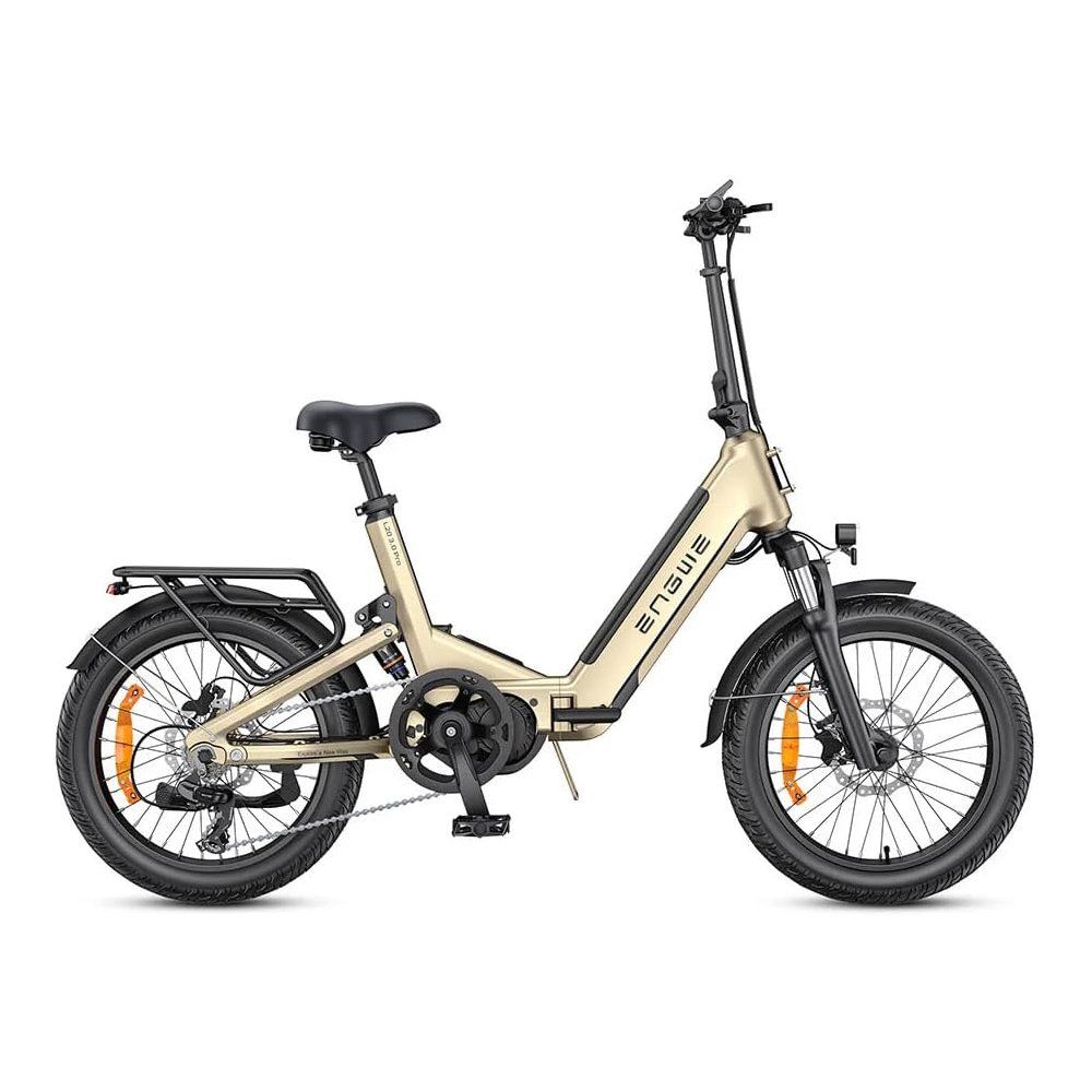 Beige Elektrofahrrad mit schwarzen Reifen und Gepäckträger. Marke ENGWE.