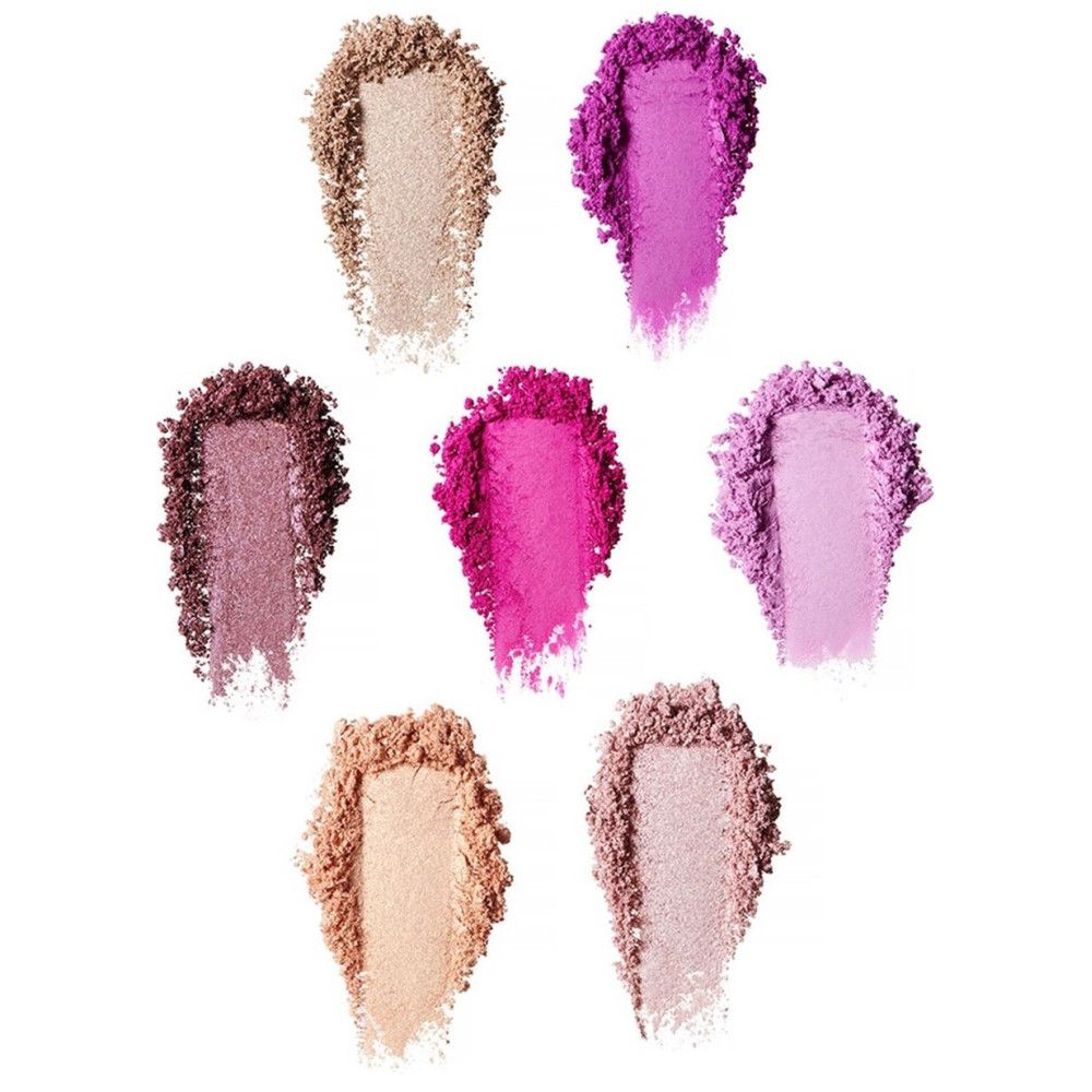 Sieben Farbmuster von Lidschatten und Highlighter. Farben: Beige, Rosa, Lila, Pink, Burgunderrot, Hellbraun und Hellrosa. Auf weißem Hintergrund.