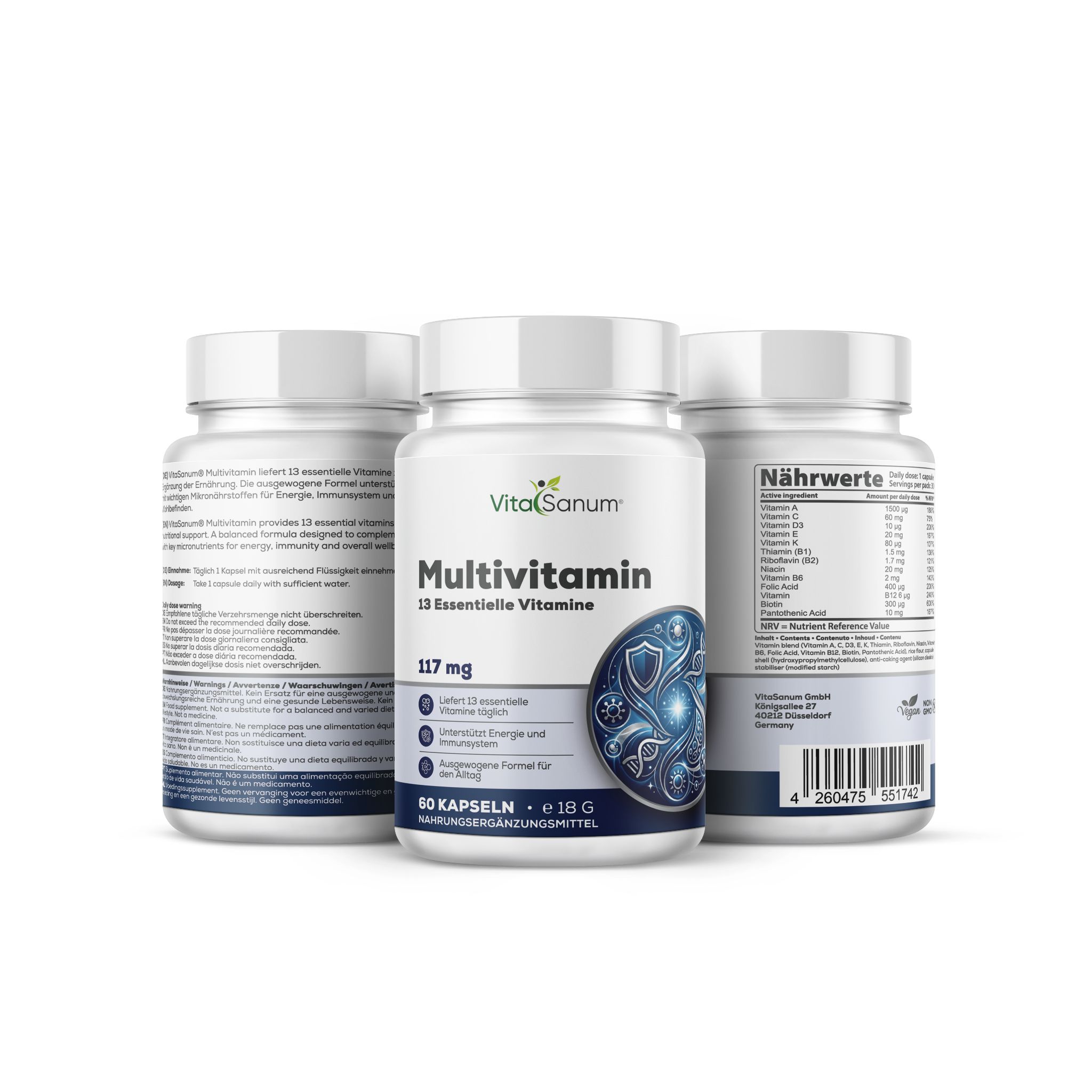VitaSanum Multivitamin: Drei Behälter mit je 60 veganen Kapseln, 13 essentielle Vitamine.