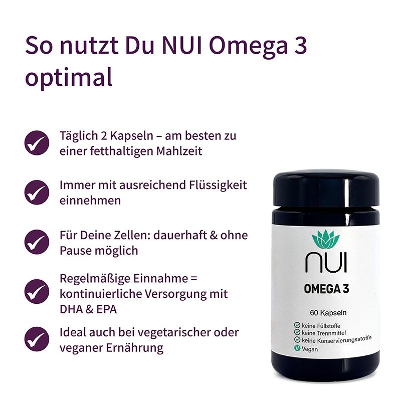 NUI Omega 3 Dose und Text. Text: Täglich 2 Kapseln, mit Flüssigkeit einnehmen. Für Zellen, dauerhaft & ohne Pause.