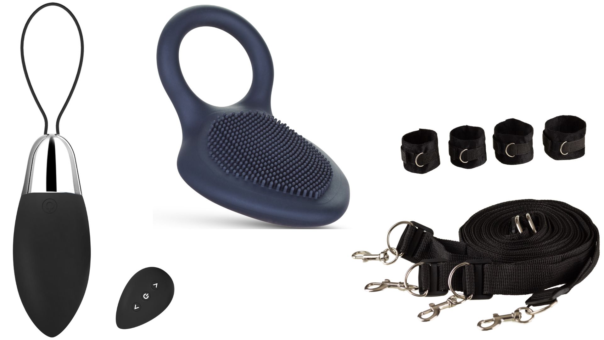 Verschiedene Artikel: Gerät mit Schlaufe, ovales Bedienelement, ringförmiges Gerät, Handschellen und Band mit Haken.