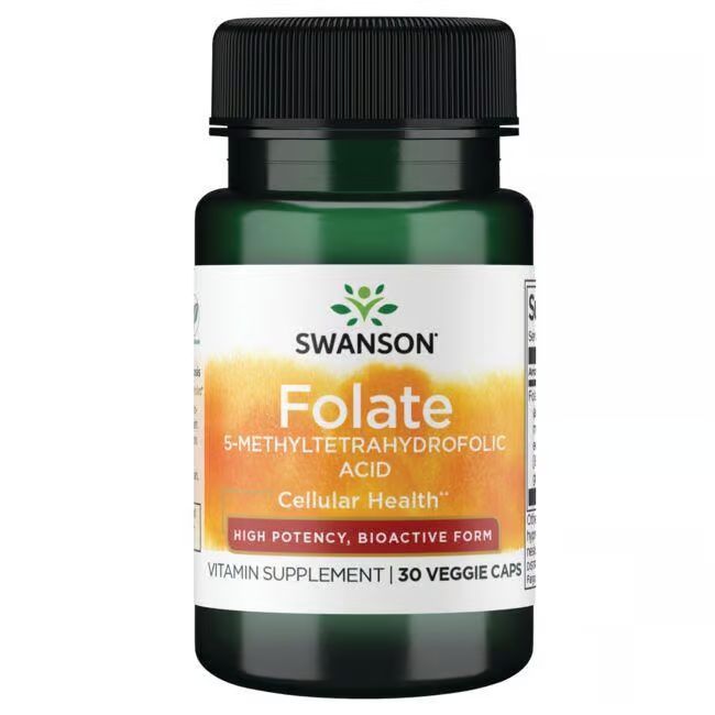 Grüne Flasche mit schwarzem Deckel. Etikett mit "SWANSON", "Folate", "Cellular Health" und "30 Veggie Caps".