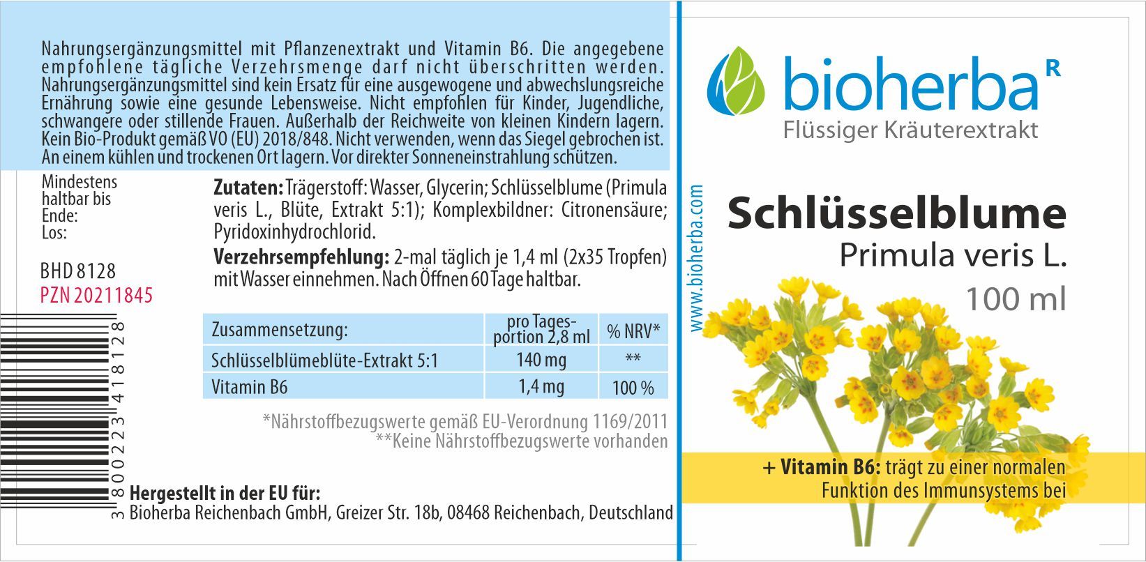 Etikett mit Produktinformationen. Text: Bioherba Schlüsselblume, Primula veris L., 100 ml. Enthält Vitamin B6. Gelbe Blütenabbildung.