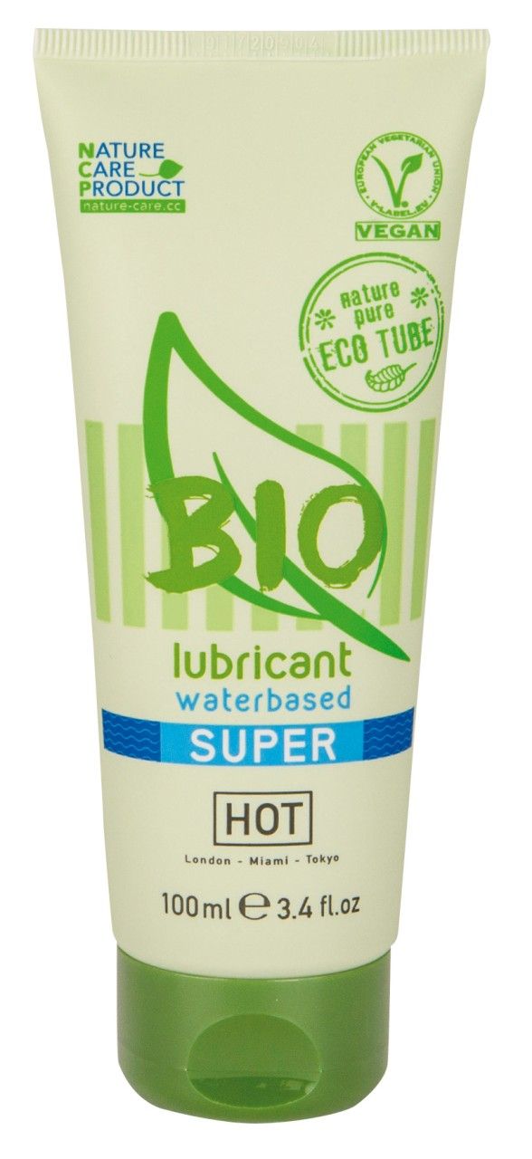 Creme-Tube mit grünem Deckel. Aufschrift BIO, lubricant waterbased SUPER, HOT. Vegan-Siegel und Eco Tube.