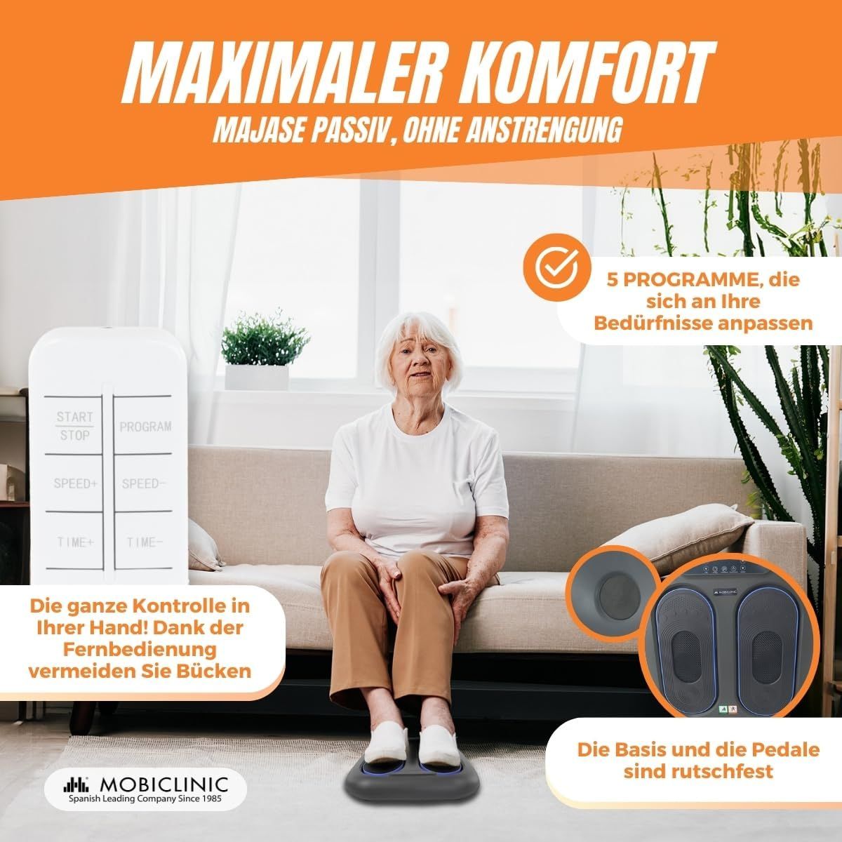 Graues Fußmassagegerät mit blauen Akzenten und Fernbedienung.
