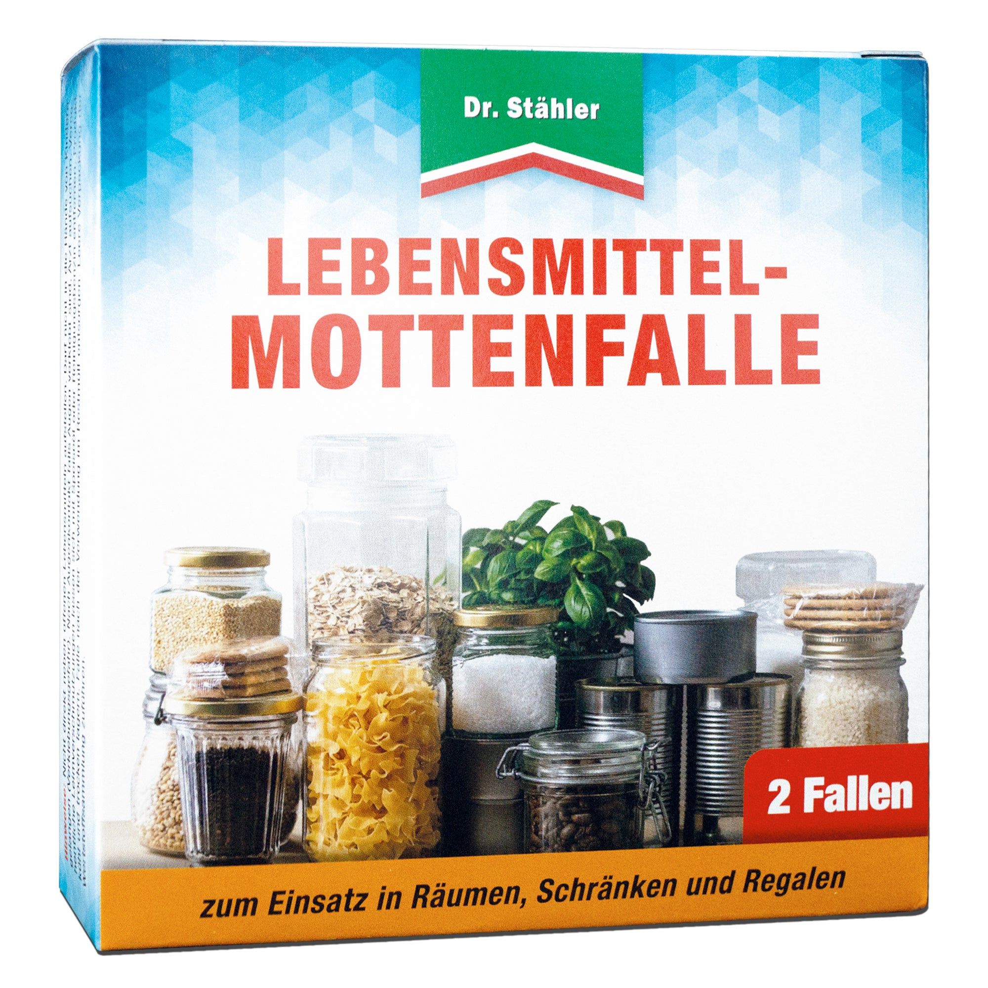 Lebensmittel-Mottenfalle-Verpackung. Blaue Schachtel mit Produktabbildung und Schriftzug. Enthält zwei Fallen.