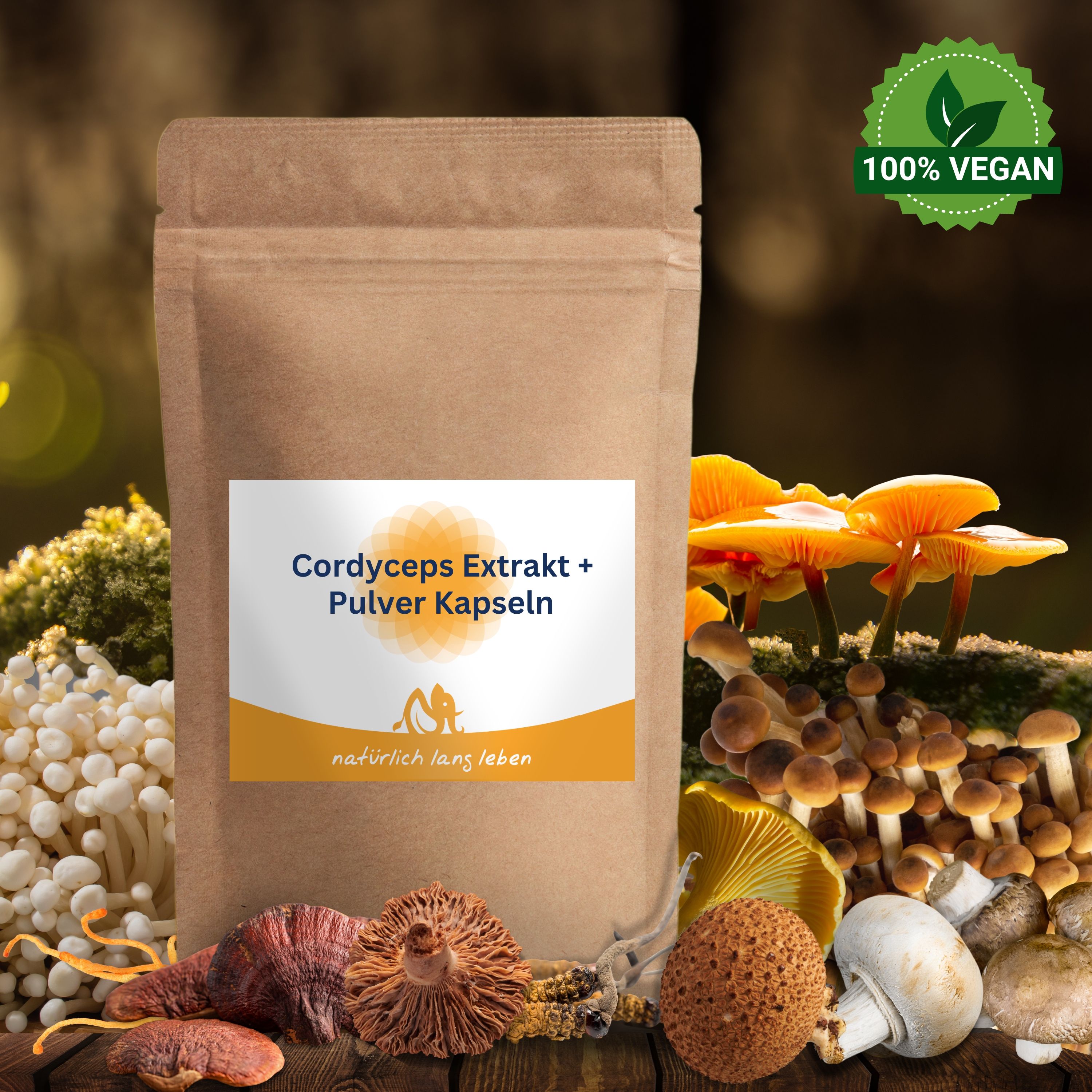 Braune Standbodenbeutel mit Etikett. Aufschrift: Cordyceps Extrakt + Pulver Kapseln. Logo: natürlich lang leben. 100% Vegan-Siegel.