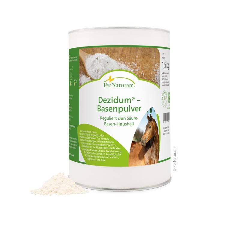 Dose PerNaturam Dezidum Basenpulver, 1,5 kg. Produktname, Logo und Pferdebild. Pulver auf weißem Untergrund.