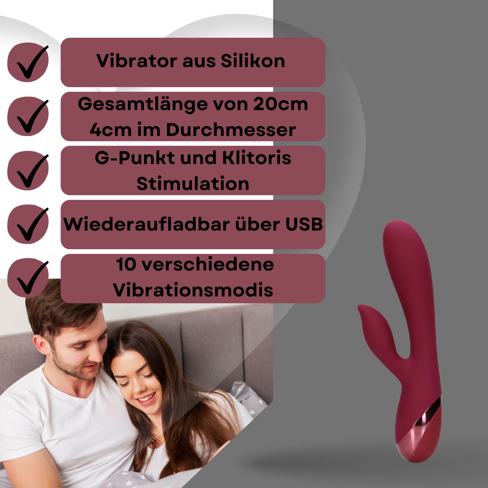 Burgunderroter Vibrator. Silikon, 20 cm lang, 4 cm Durchmesser, USB-Aufladung.