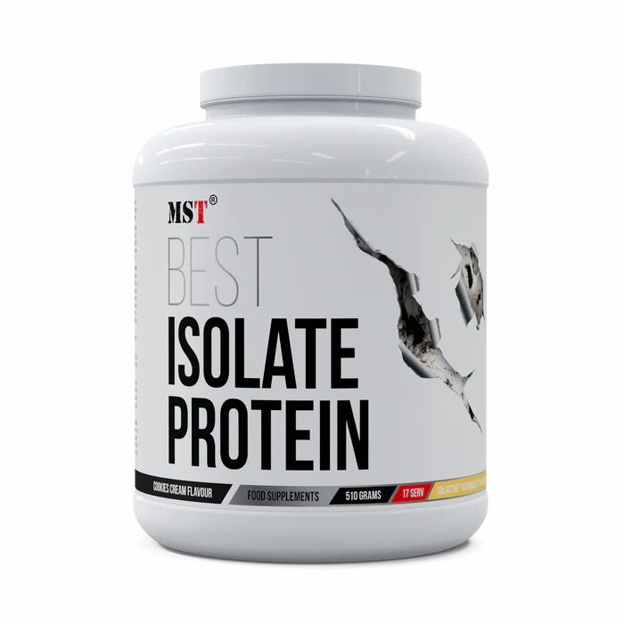 Weiße Dose mit "MST BEST ISOLATE PROTEIN"-Aufdruck. "Cookies Cream Flavor", 510 Gramm, 17 Portionen. Riss-Design.