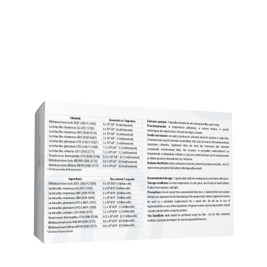 Rückseite der "BEST BIOTIC"-Verpackung mit Inhaltsstoff- und Anwendungsinformationen in polnischer Sprache.