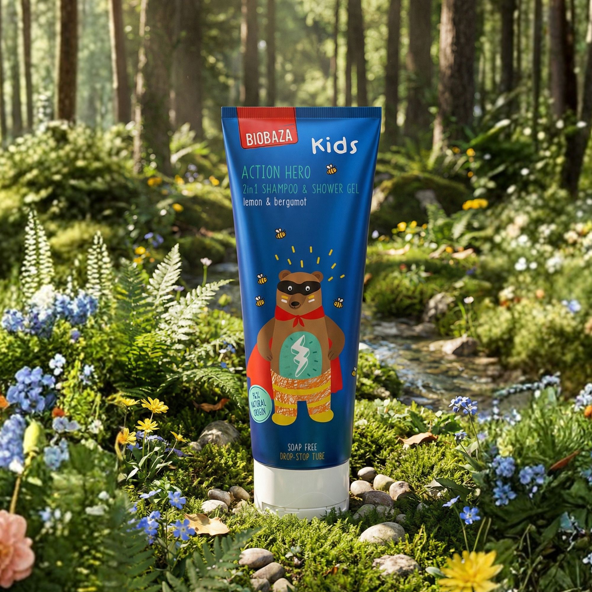 Blau-weiße Tube mit Produktaufdruck. Aufdruck: Biobaza Kids Action Hero, Bär mit Umhang. Vor grünem Hintergrund mit Blumen.