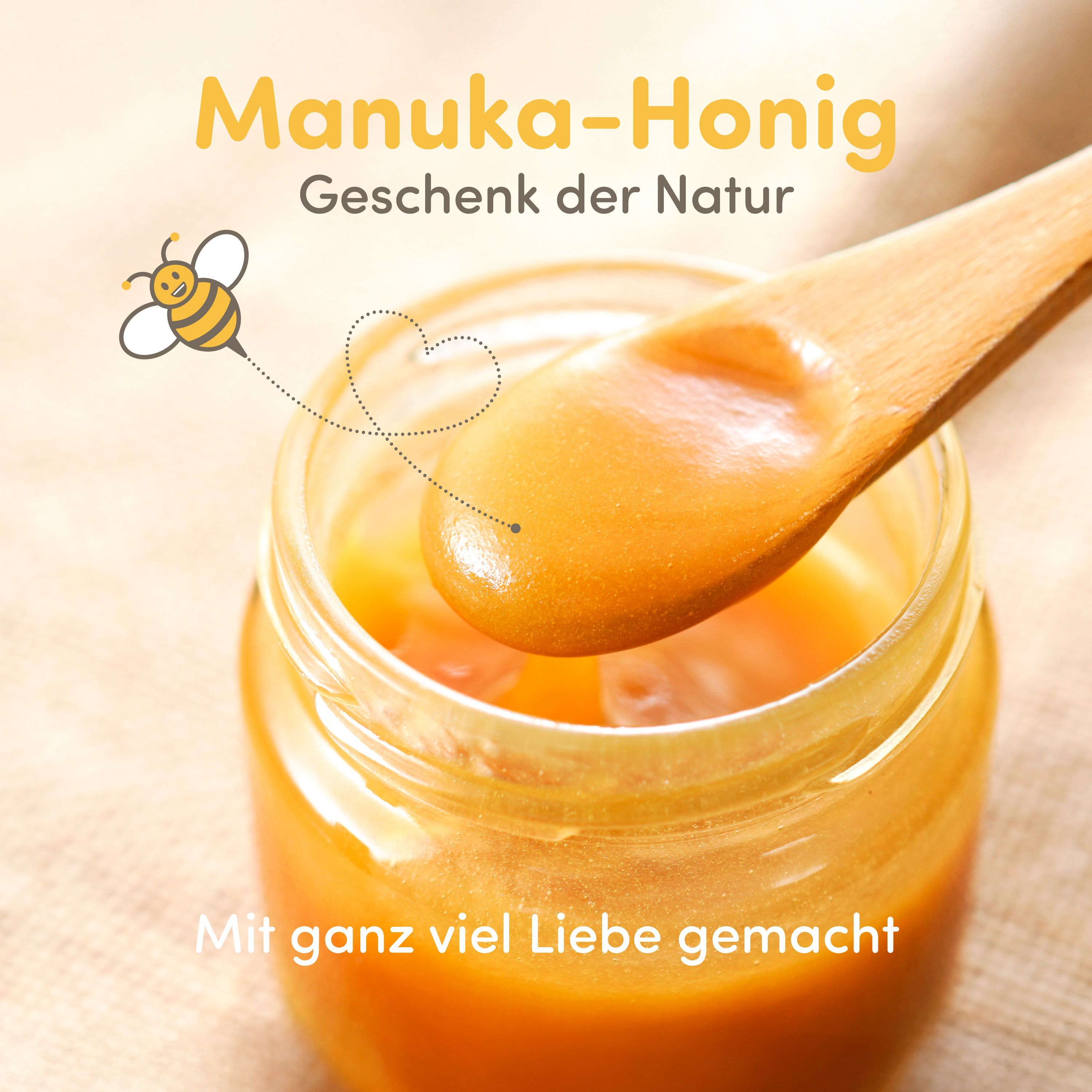 Glas mit Honig und Löffel. Text: Manuka-Honig, Geschenk der Natur, Mit ganz viel Liebe gemacht. Gezeichnete Biene.