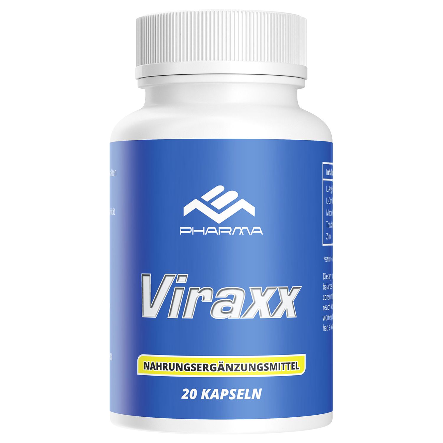 Weiße Flasche mit blauem Etikett. Aufschrift: Viraxx, Pharma, Nahrungsergänzungsmittel, 20 Kapseln.