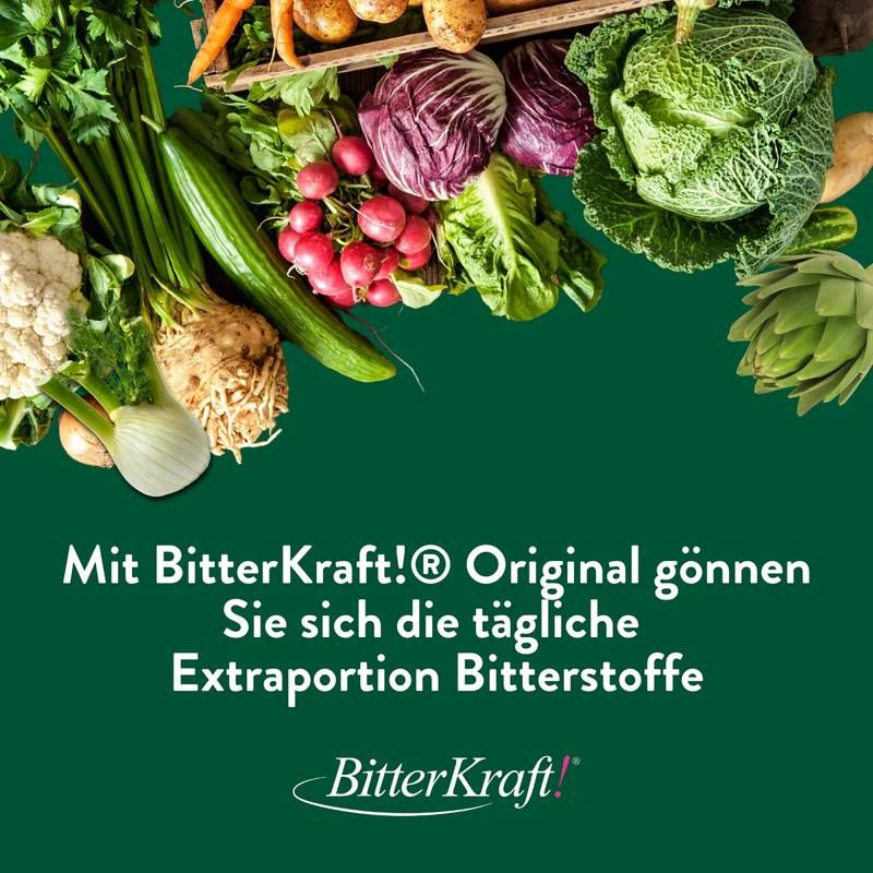 Gemüseauswahl auf grünem Hintergrund. Text: Mit BitterKraft! Original gönnen Sie sich die tägliche Extraportion Bitterstoffe.