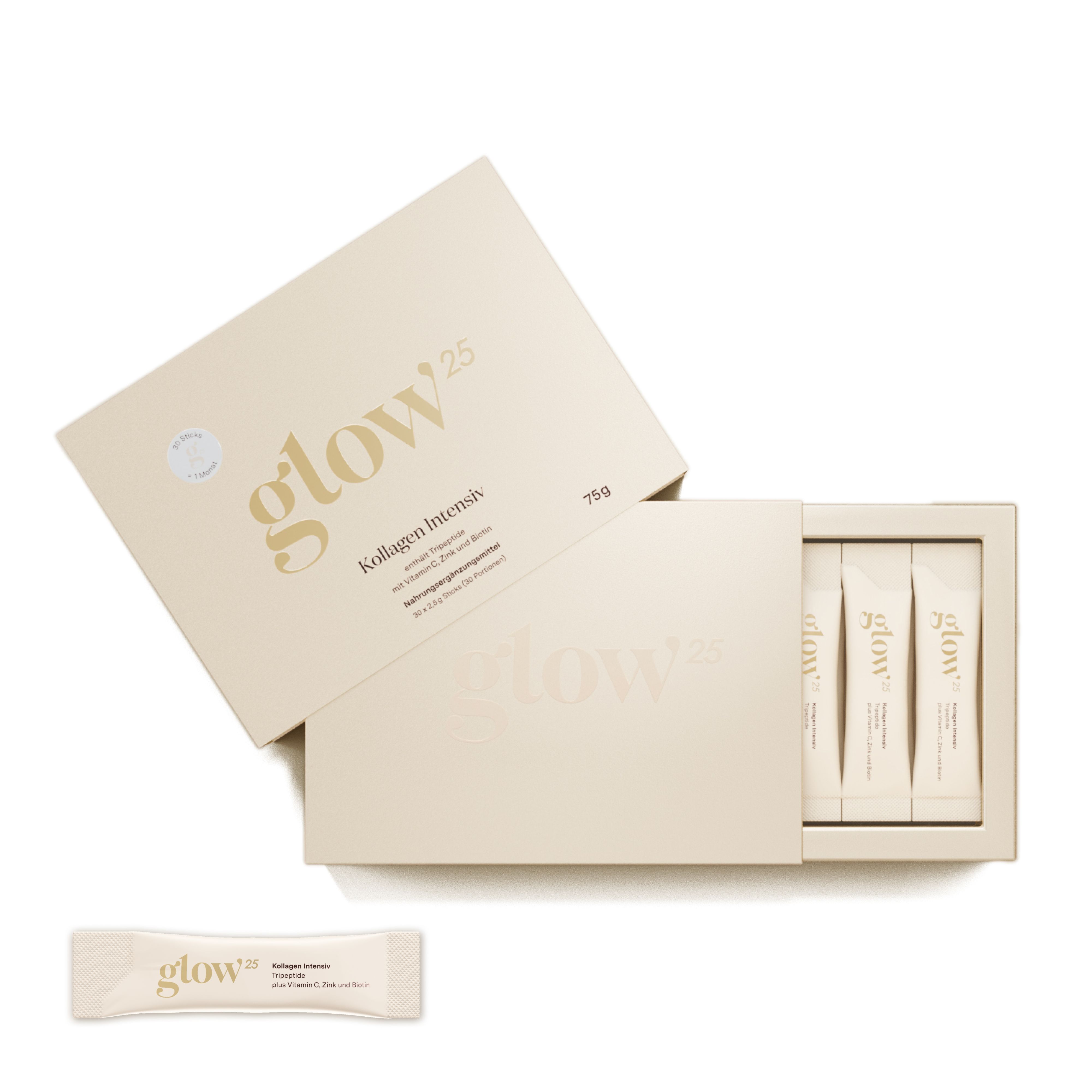 Glow25® Kollagen Intensiv [30 Sticks] – mit Tripeptiden, Vitamin C, Zink und Biotin