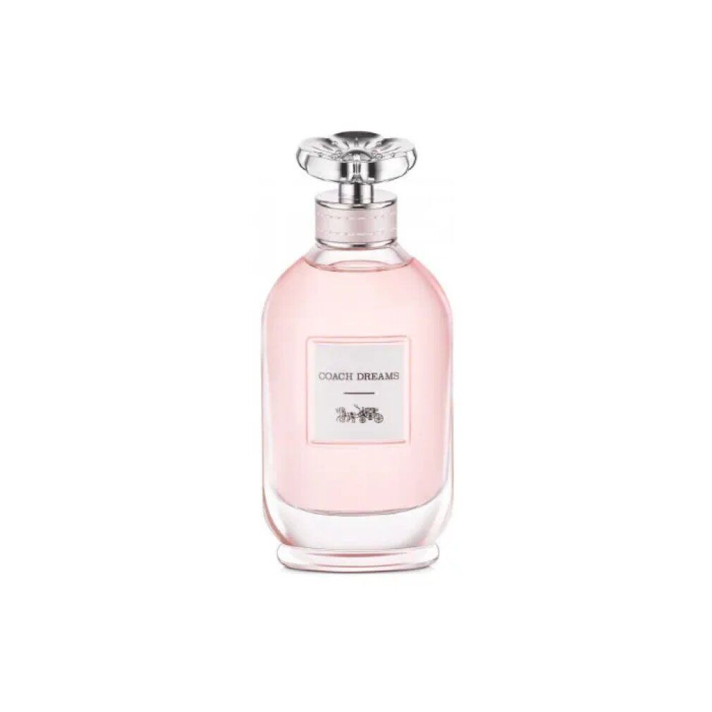 Rosa Parfümflasche mit silbernem, blütenförmigem Deckel. Auf dem Etikett steht "COACH DREAMS" und ein Kutschenlogo.
