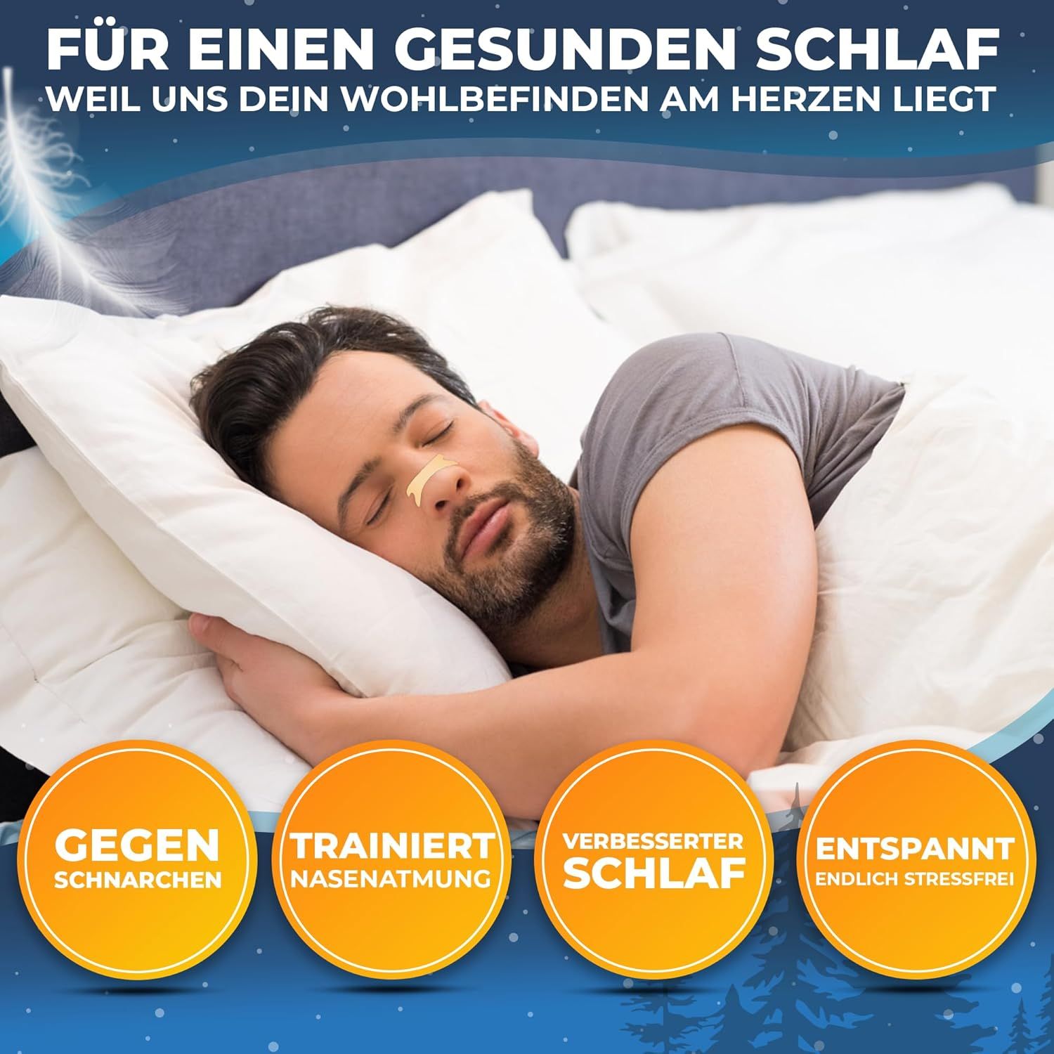 Mann schläft mit Nasenpflaster. Gelbe Kreise mit Text: Gegen Schnarchen, Trainiert Nasenatmung, Verbesserter Schlaf, Entspannt endlich stressfrei.