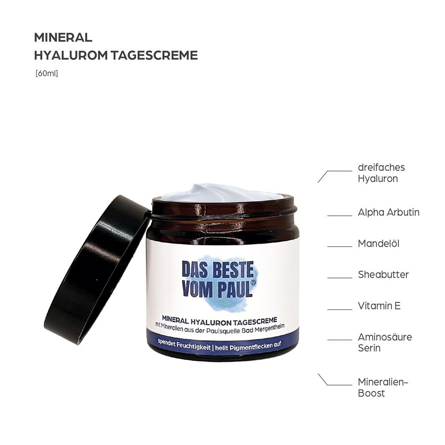 Tiegel mit Creme. Aufschrift: Das Beste vom Paul. Mineral Hyaluron Tagescreme. Inhaltsstoffe: Hyaluron, Mandelöl, Sheabutter, Vitamin E.