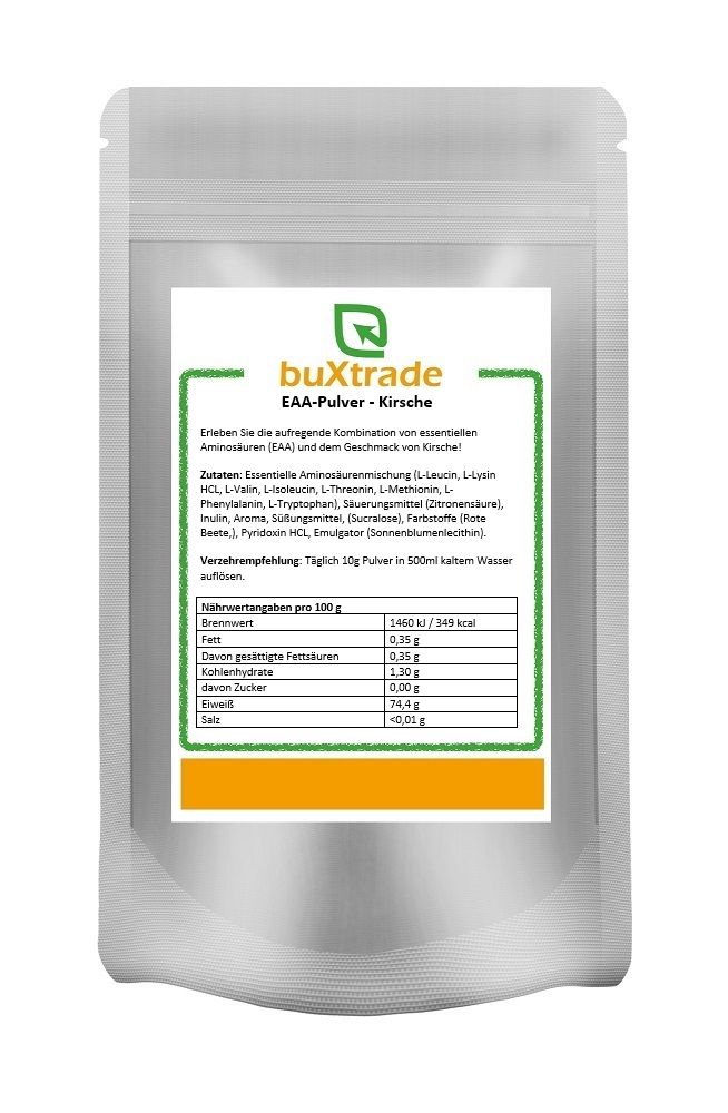Beutel mit buXtrade EAA-Pulver Kirsche. Enthält Nährwertangaben und Zutatenliste. Weißer Beutel mit grünem und orangefarbenem Etikett.