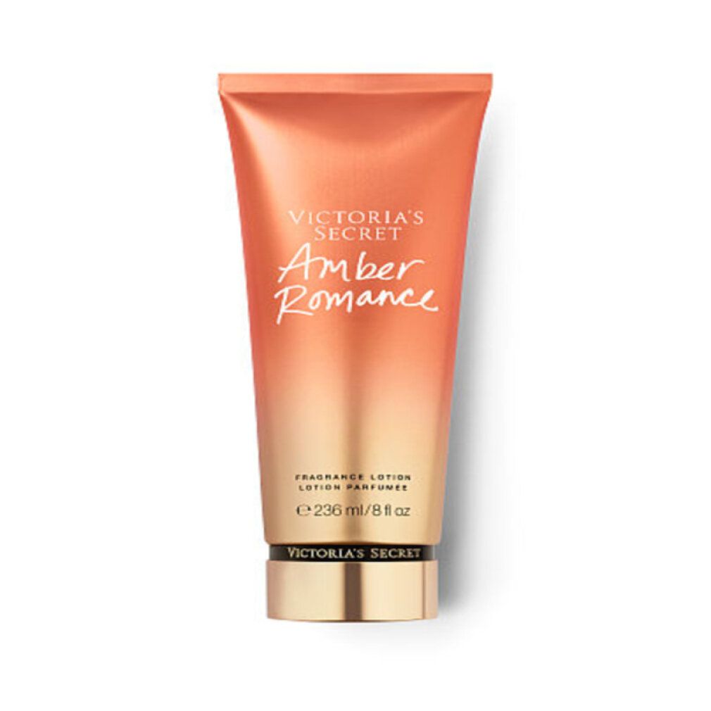 Orangefarbene Tube mit goldfarbenem Deckel. Aufschrift: Victoria's Secret, Amber Romance. Text: Fragrance Lotion.