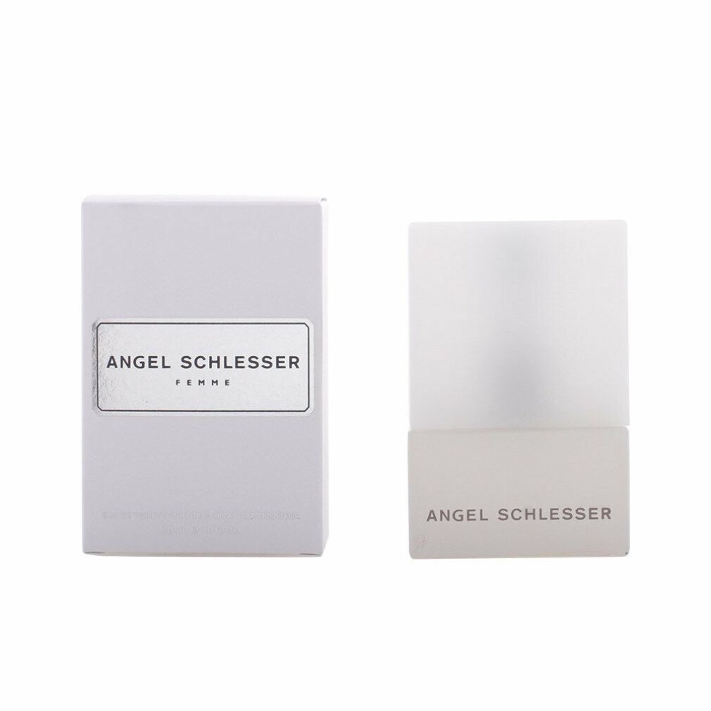 Weiße Schachtel und Flakon. Auf der Schachtel steht 'Angel Schlesser Femme'. Der Flakon hat einen weißen Deckel.