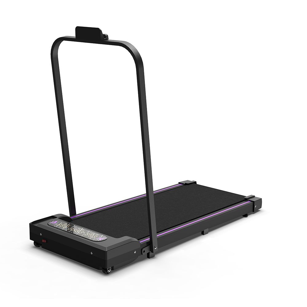 Schwarzes, zusammenklappbares Laufband mit LED-Display und Handlauf. Schräge Ansicht, Handlauf aufrecht.