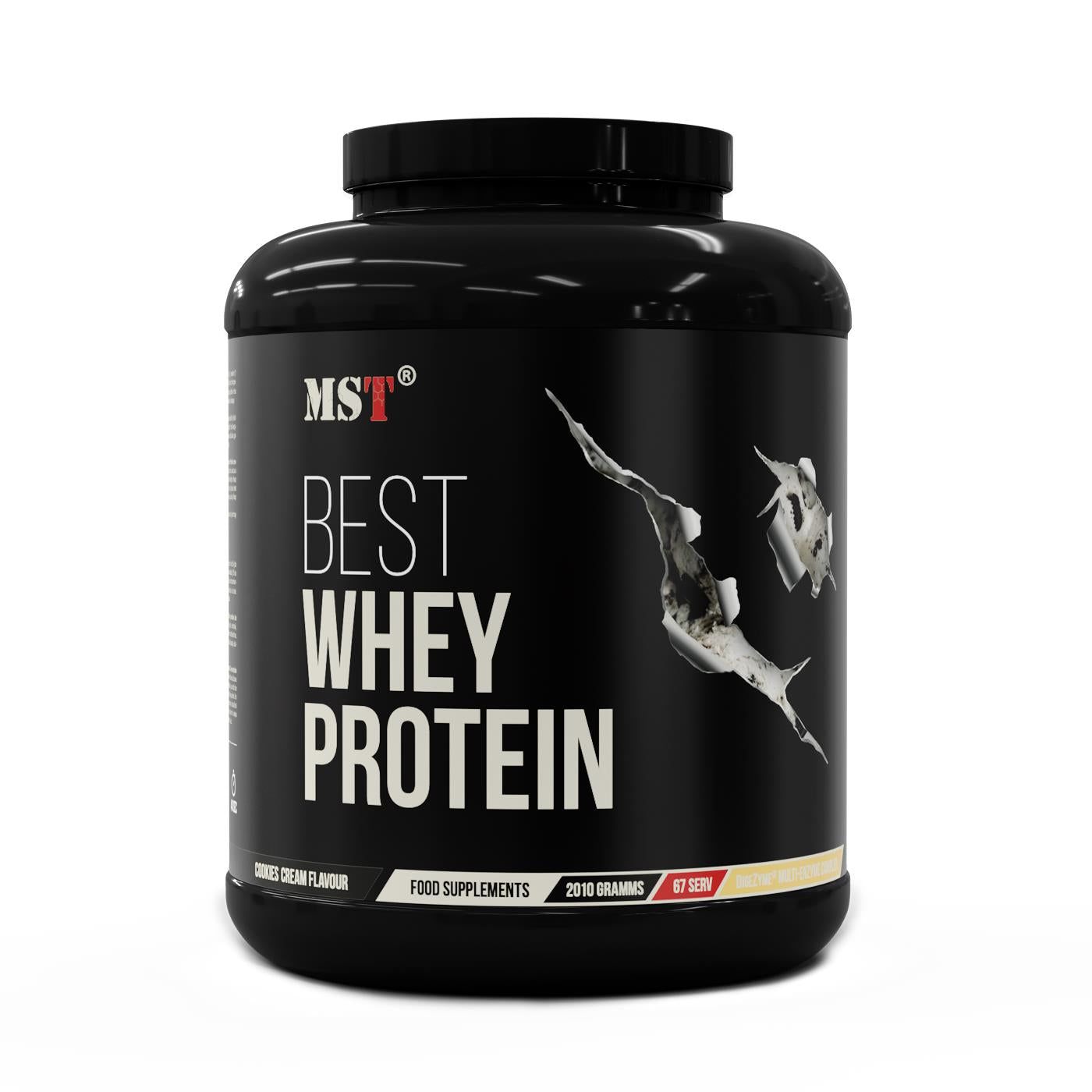 Schwarze Dose mit "MST BEST WHEY PROTEIN". Cookies Cream Flavor. 2010 Gramm, 67 Portionen.