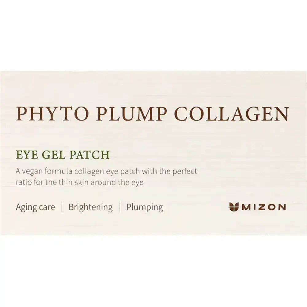 Weiße Verpackung mit Produktnamen: Phyto Plump Collagen Eye Gel Patch. Marke: Mizon. Eigenschaften: Aging care, Brightening, Plumping.