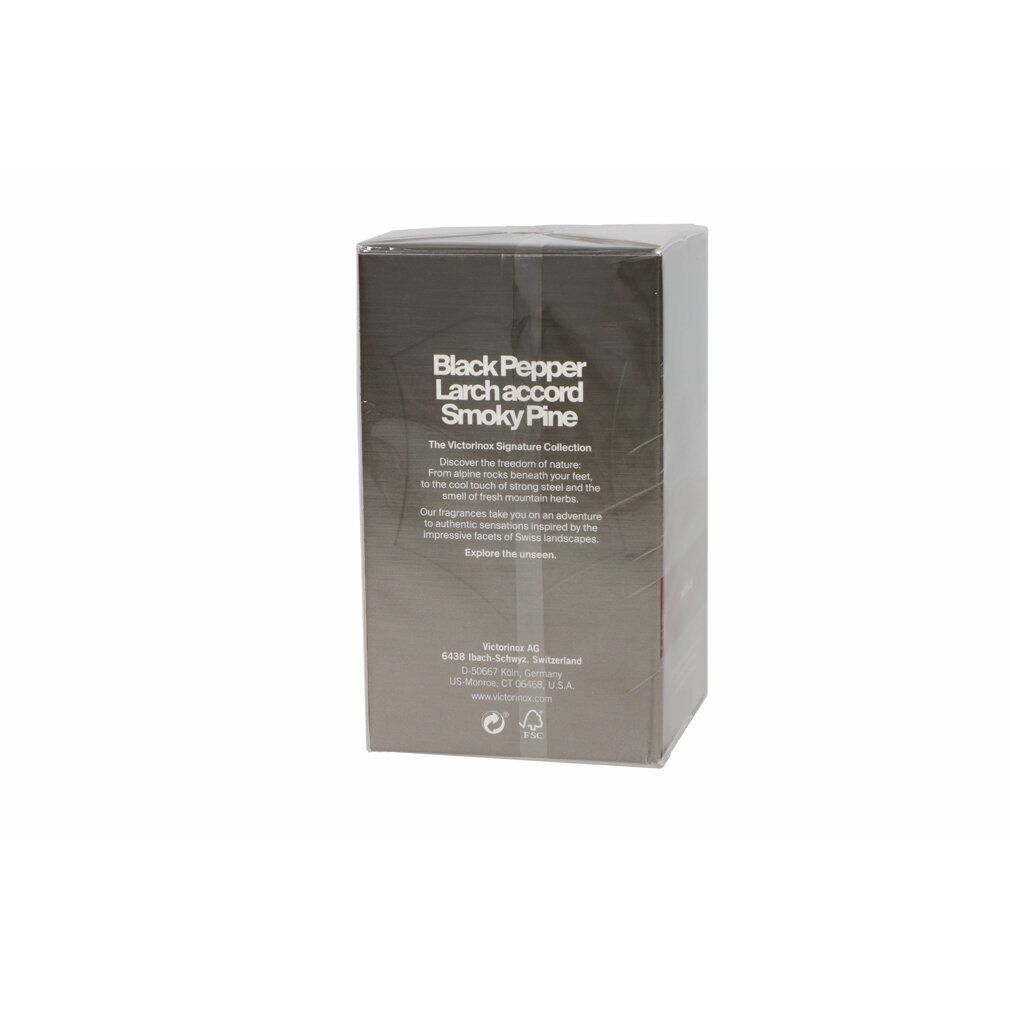 Dunkelbraune rechteckige Verpackung mit Text: Black Pepper, Larch accord, Smoky Pine. Herstellerinformationen.