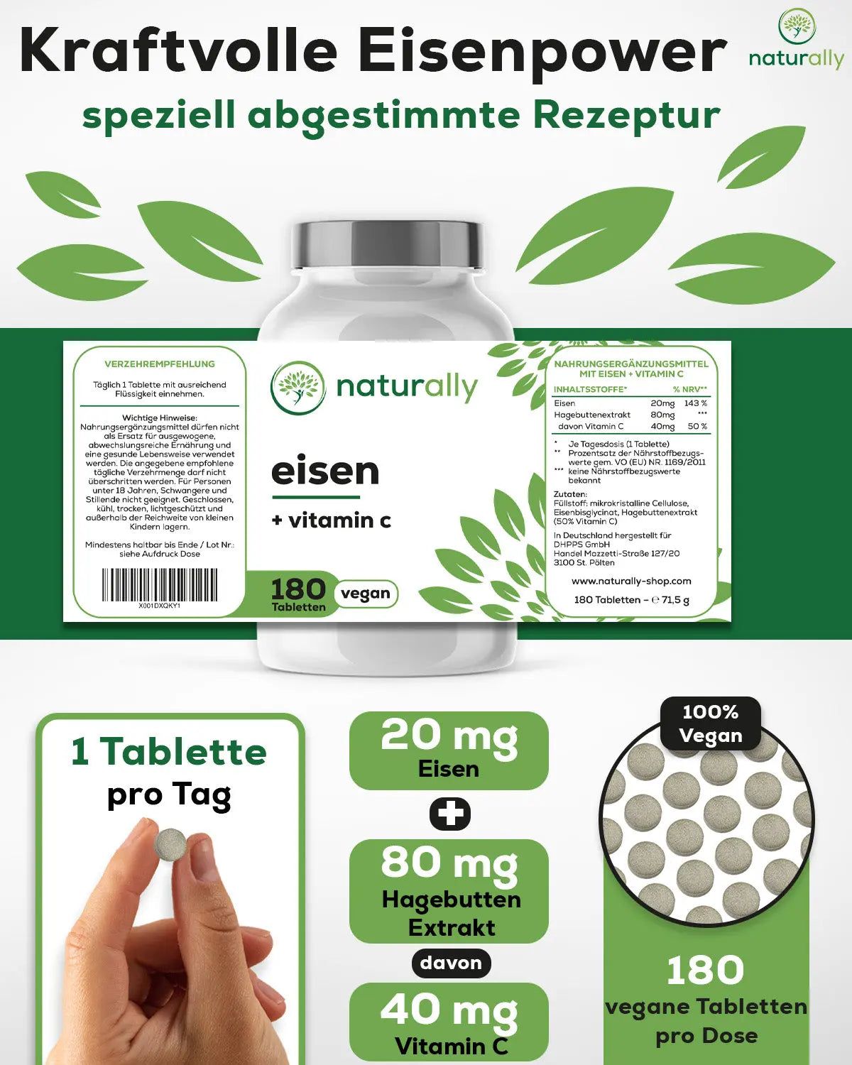 Produktabbildung mit Inhaltsangaben. Flasche mit Tabletten, 20mg Eisen, 40mg Vitamin C, 180 vegane Tabletten.