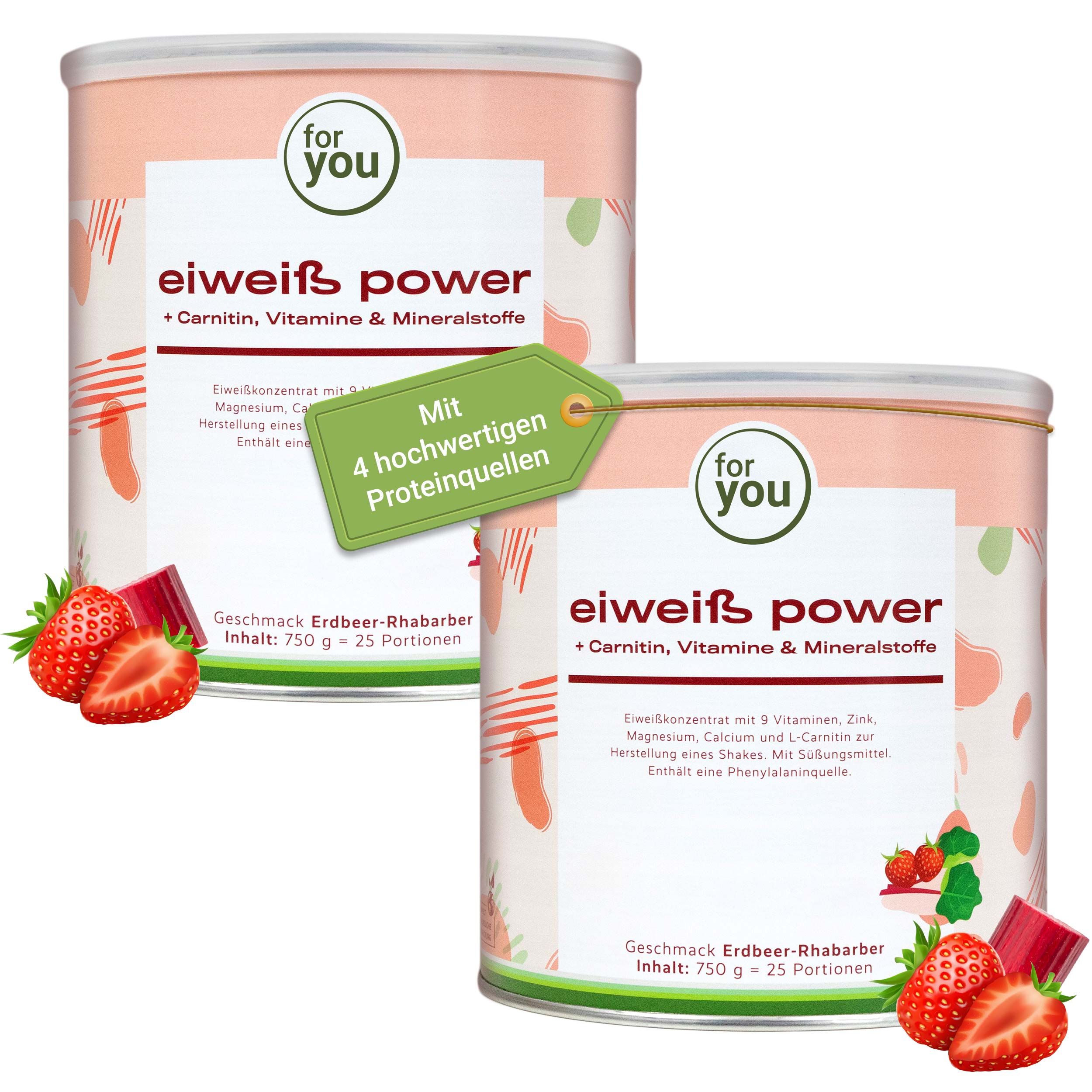 Zwei Dosen Eiweiß Power Erdbeer-Rhabarber mit 750g Inhalt.