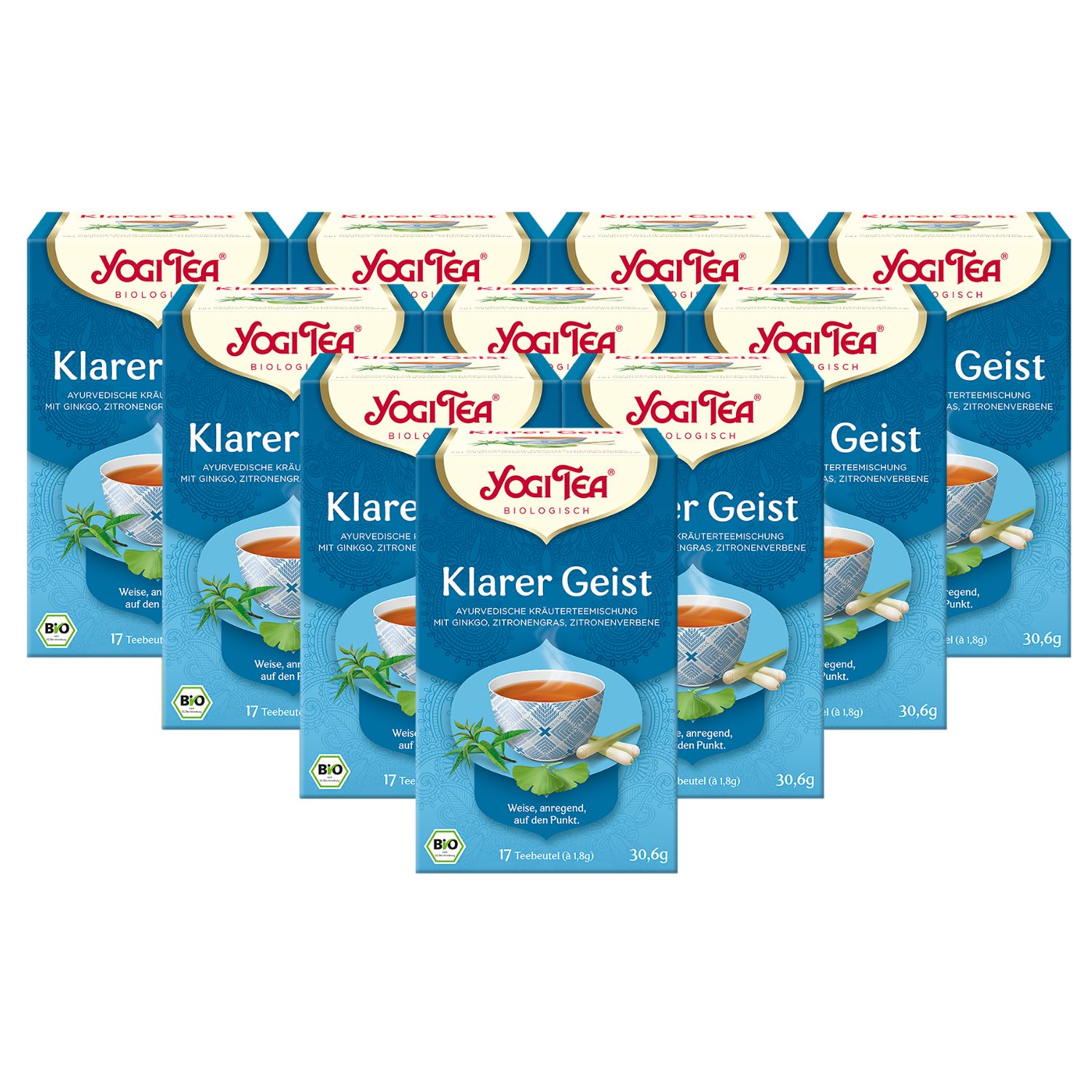 Mehrere Packungen Yogi Tea - Klarer Geist. Blaue Verpackung mit Logo und Produktbezeichnung. 17 Teebeutel, 30,6g.