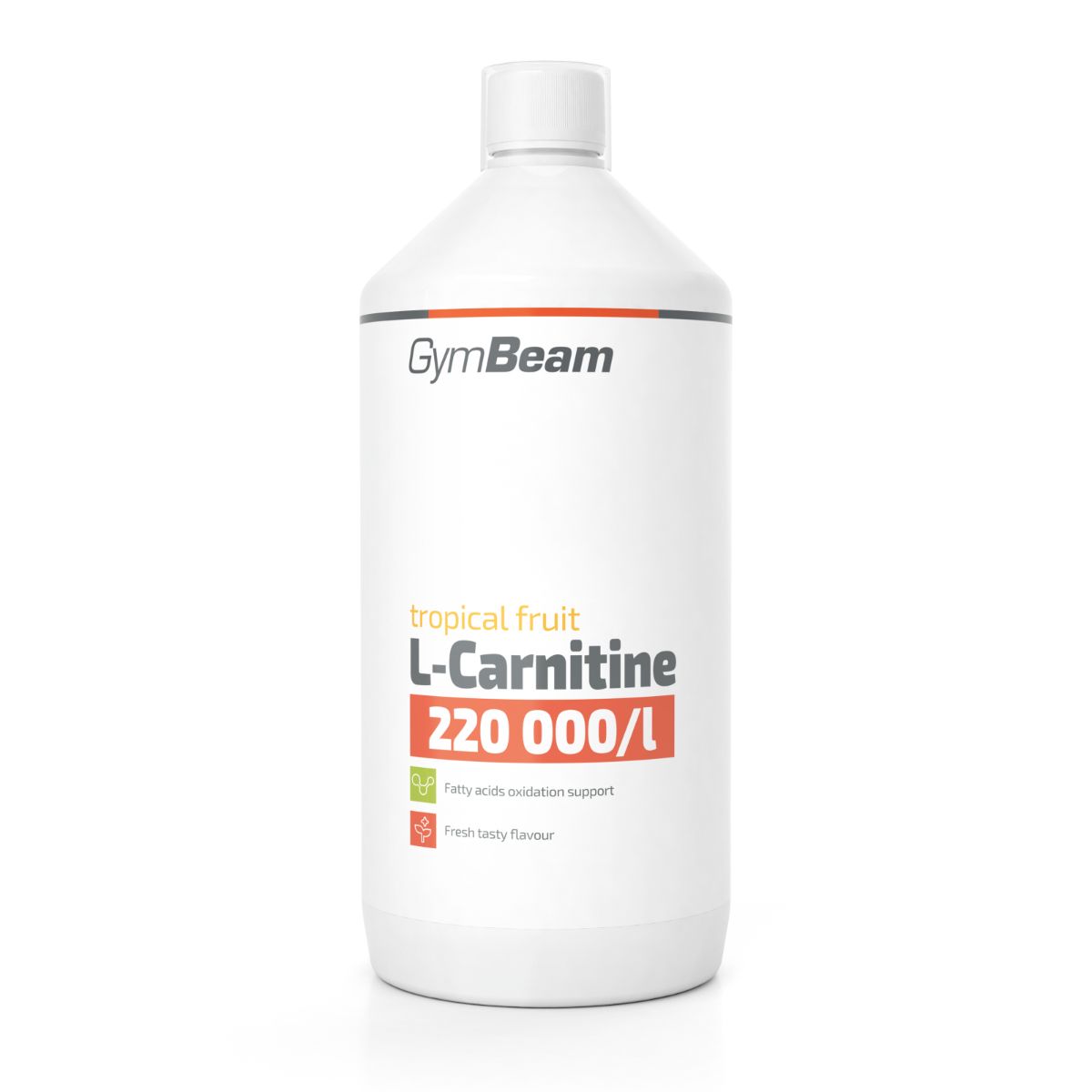 GymBeam L-Carnitin 220 000/l Konzentrat in Tropical Fruit Geschmack. Weiße Kunststoffflasche mit orange-rotem Etikett.