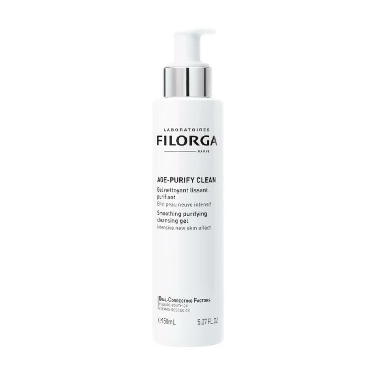 Weißes Filorga Age-Purify Reinigungs-Gesichtsgel mit Pumpverschluss. Text: Age-Purify Clean, Gel nettoyant lissant purifiant.